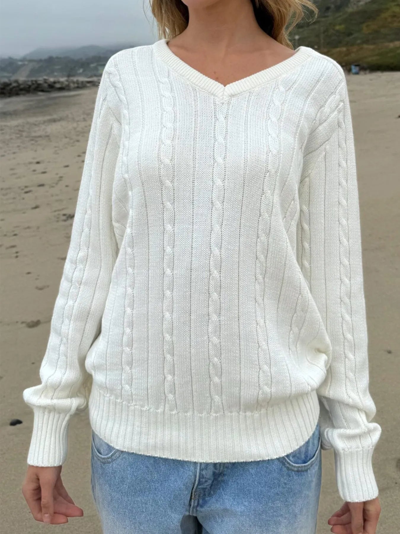 Classic Cable Knit V-Neck Pullover Sweater
