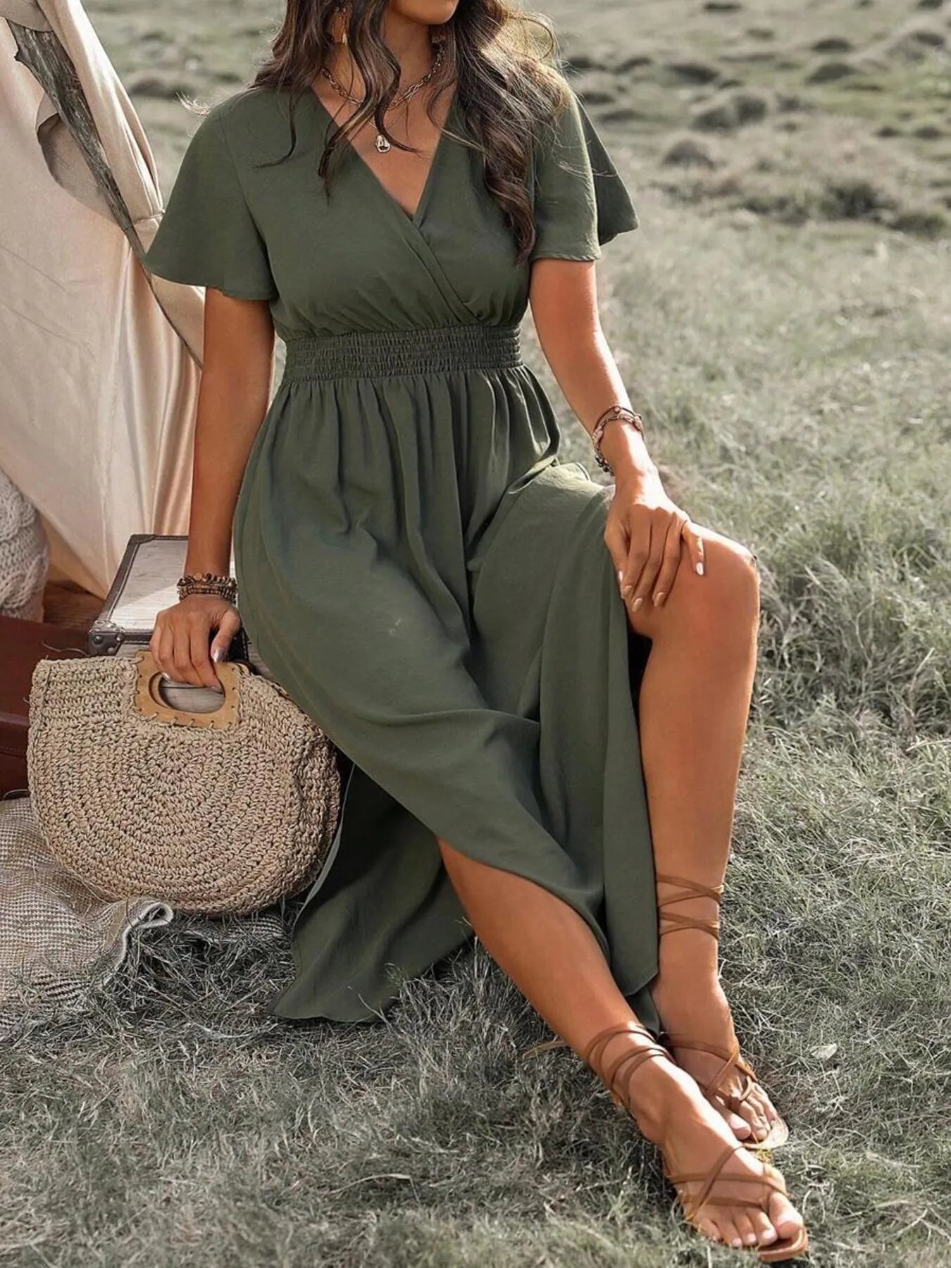 Surplice Short Sleeve Maxi Dress