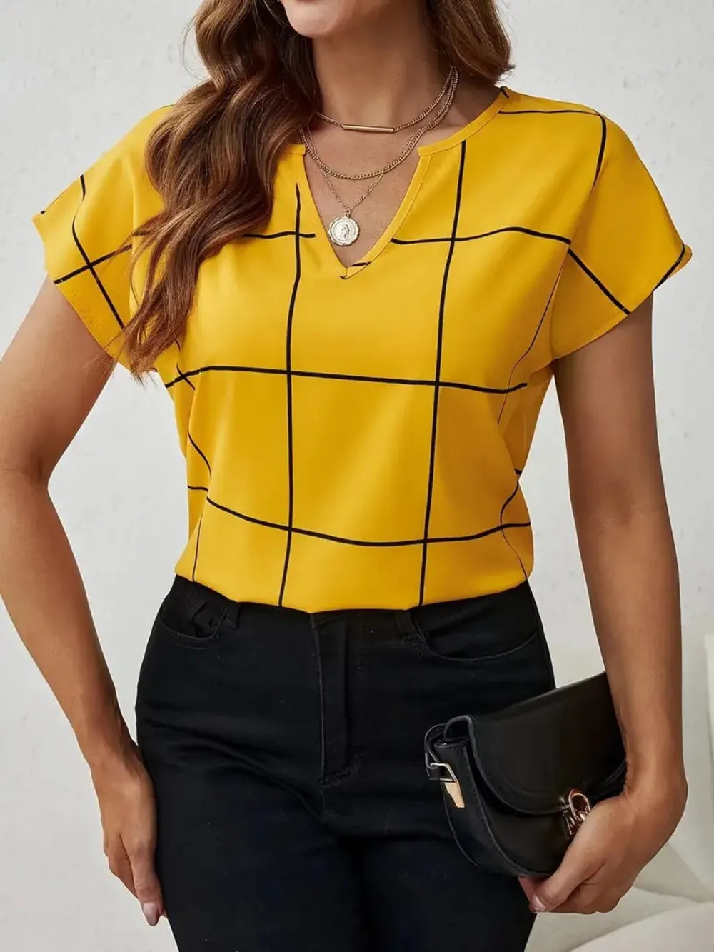 Modern Grid Notched Blouse