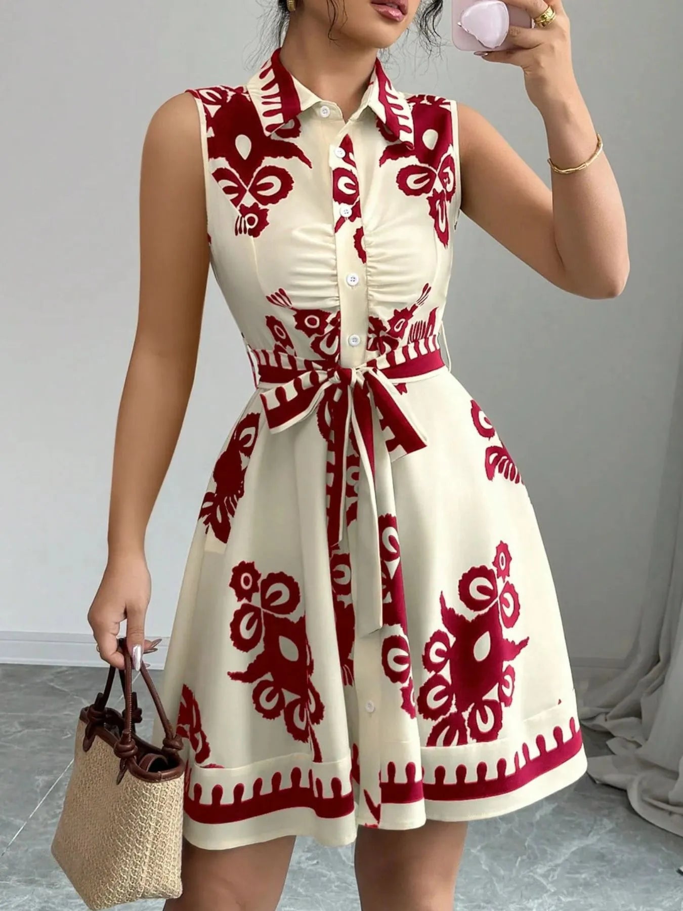 Sleeveless Printed Shirt Dress with Belt