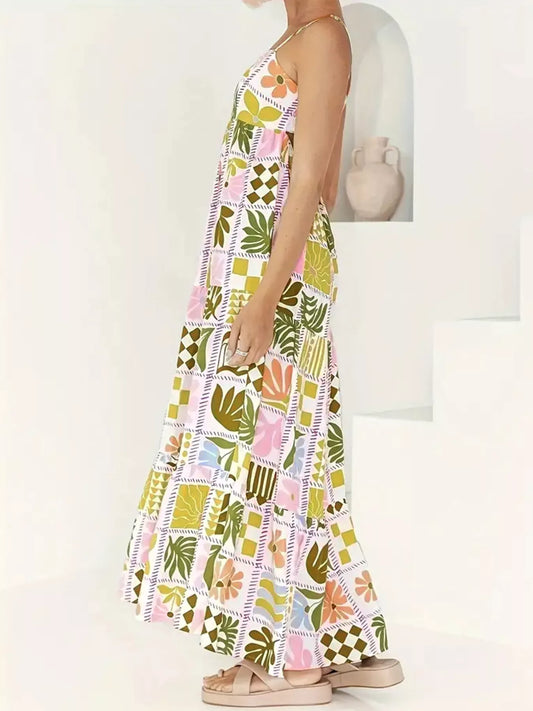 Patchwork Print Cutout Maxi Dress - Back View