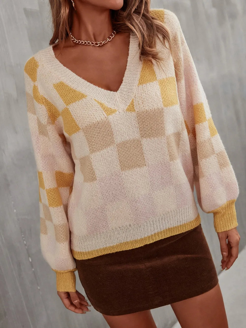 Checkered V-Neck Sweater