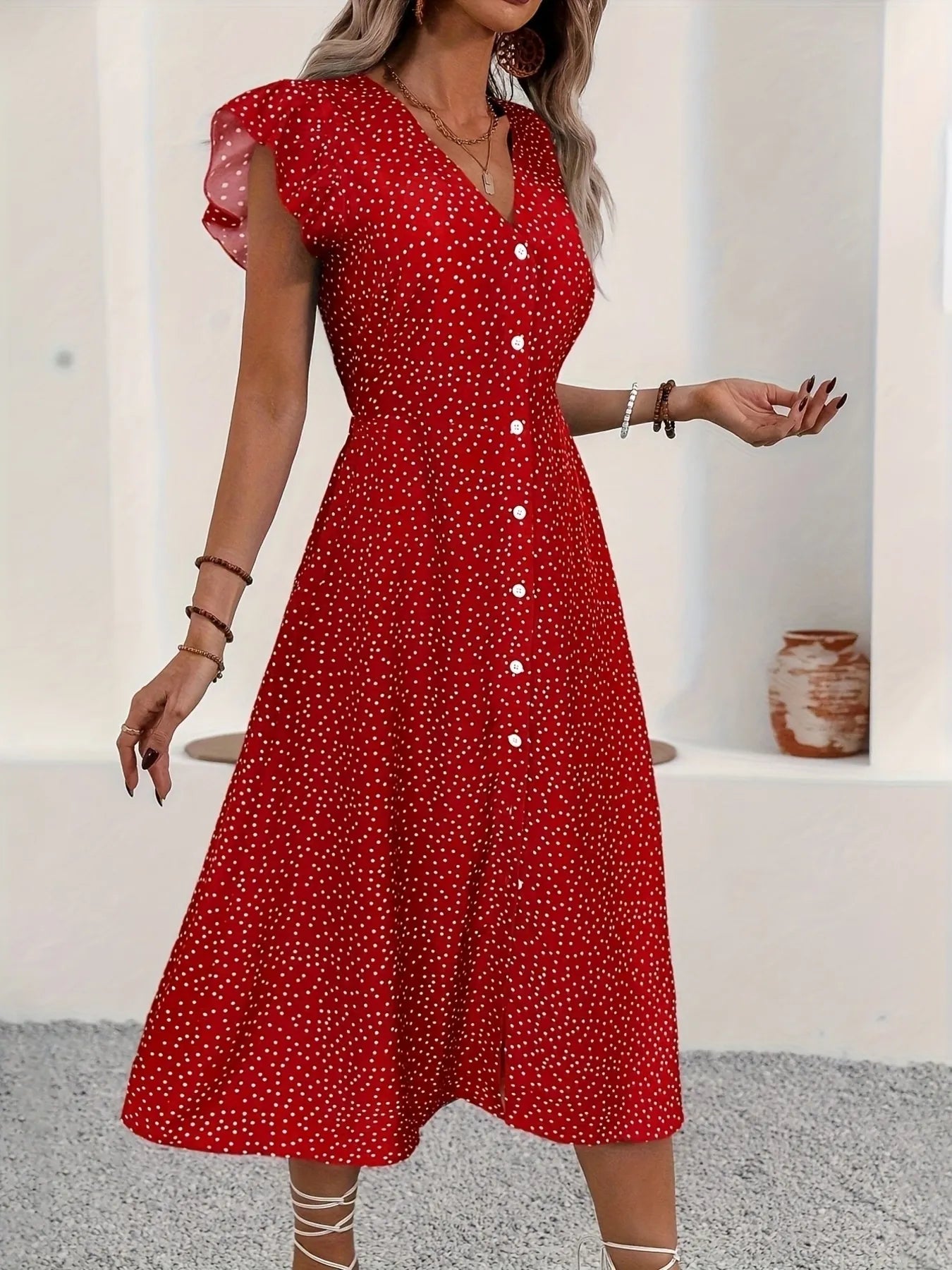 Red Polka Dot Button Up Midi Dress