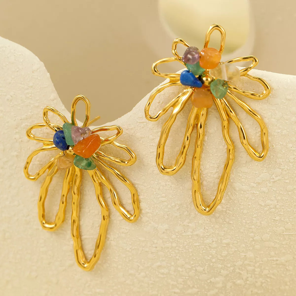 18K Gold-Plated Natural Stone Flower Earrings