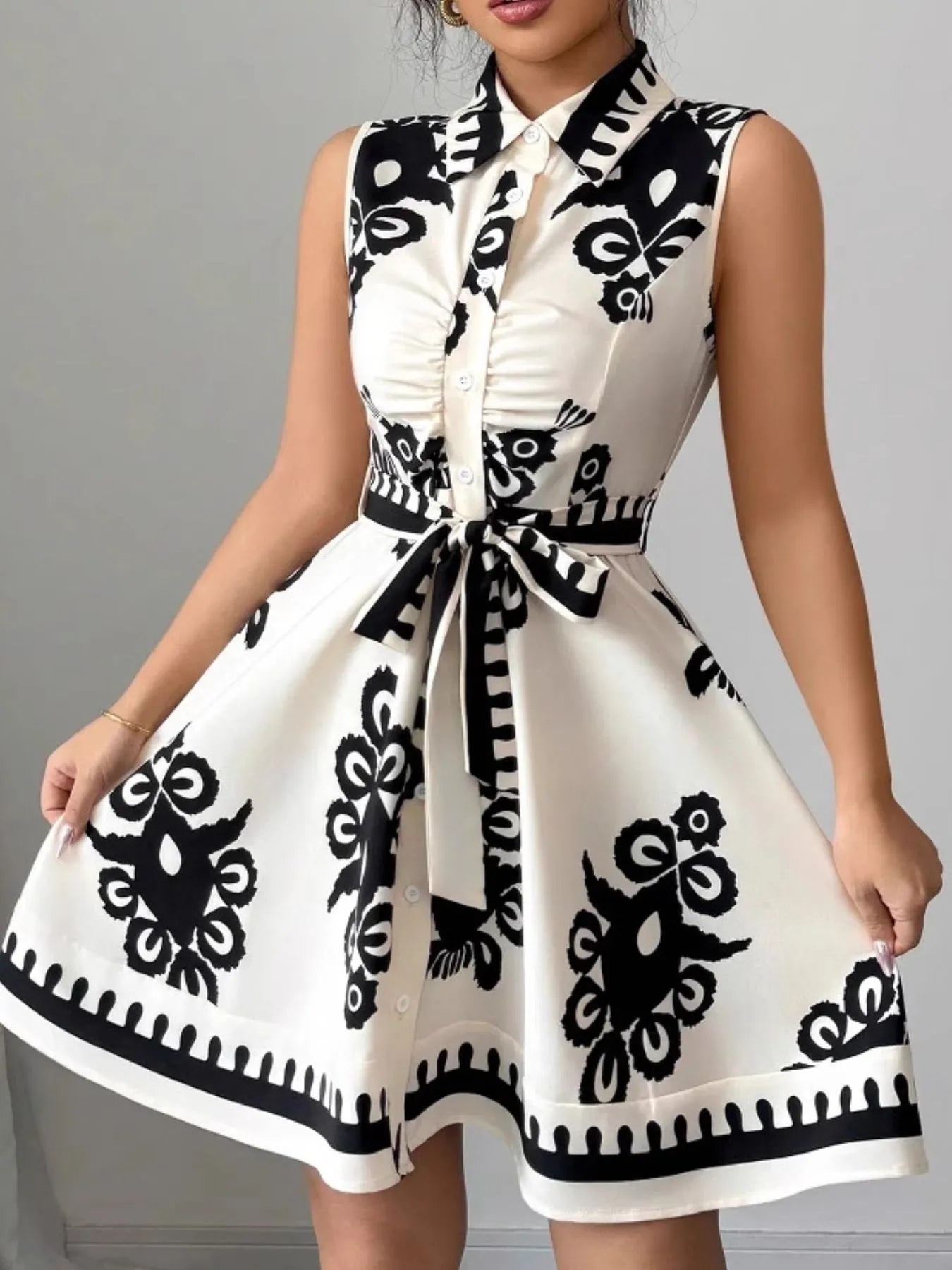 Sleeveless Printed Shirt Dress with Belt