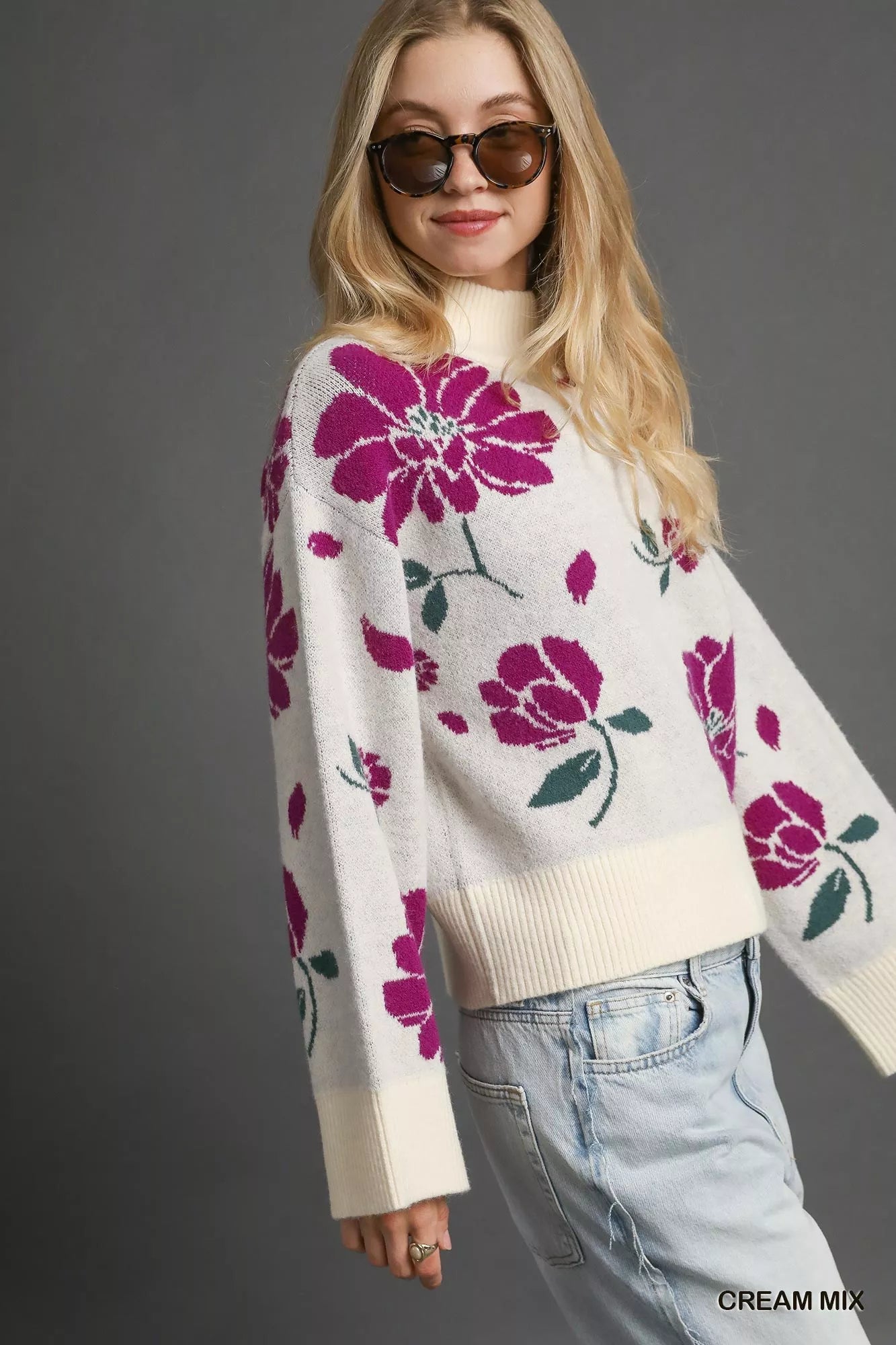 Floral Patterned Mock Neck Sweater