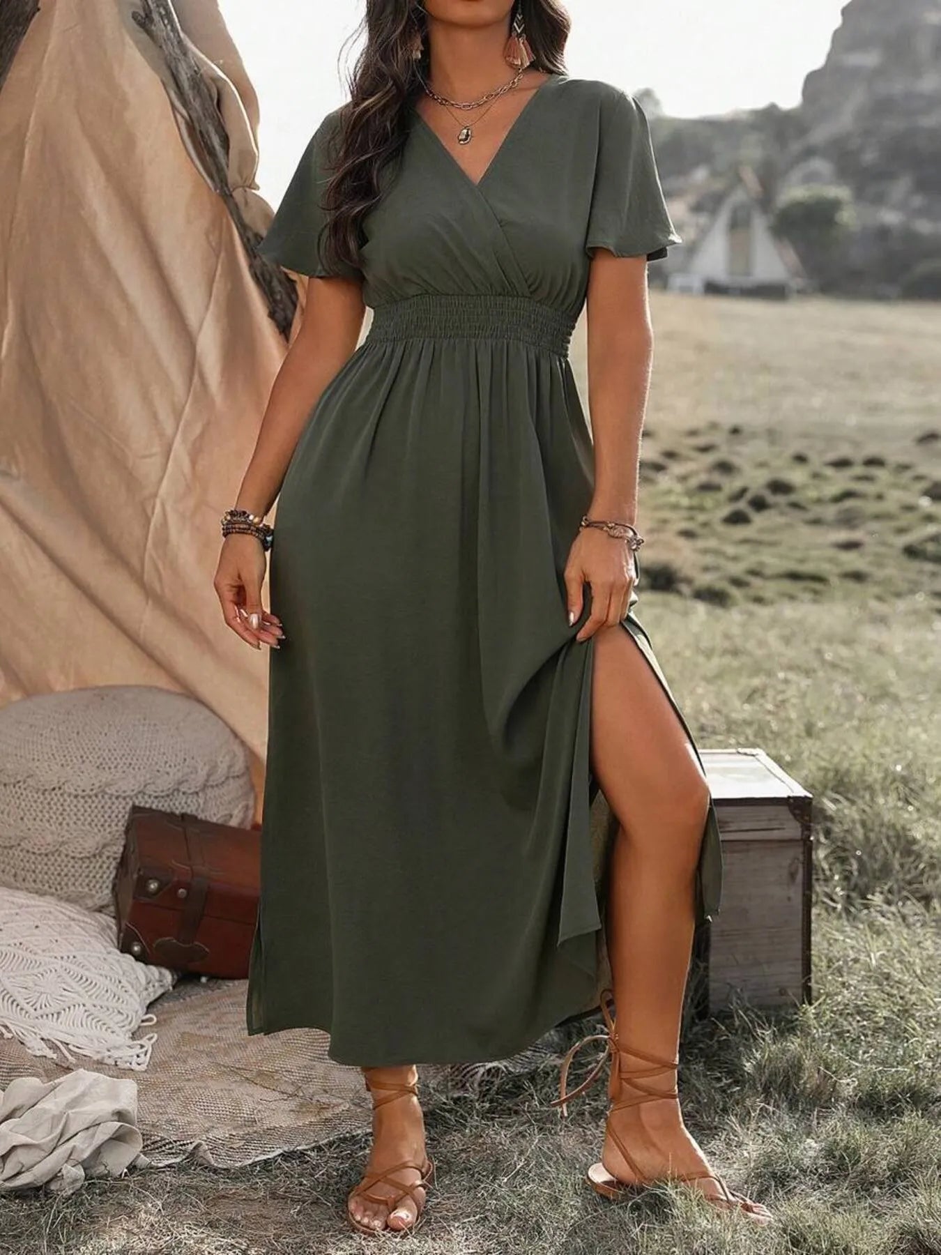 Surplice Short Sleeve Maxi Dress