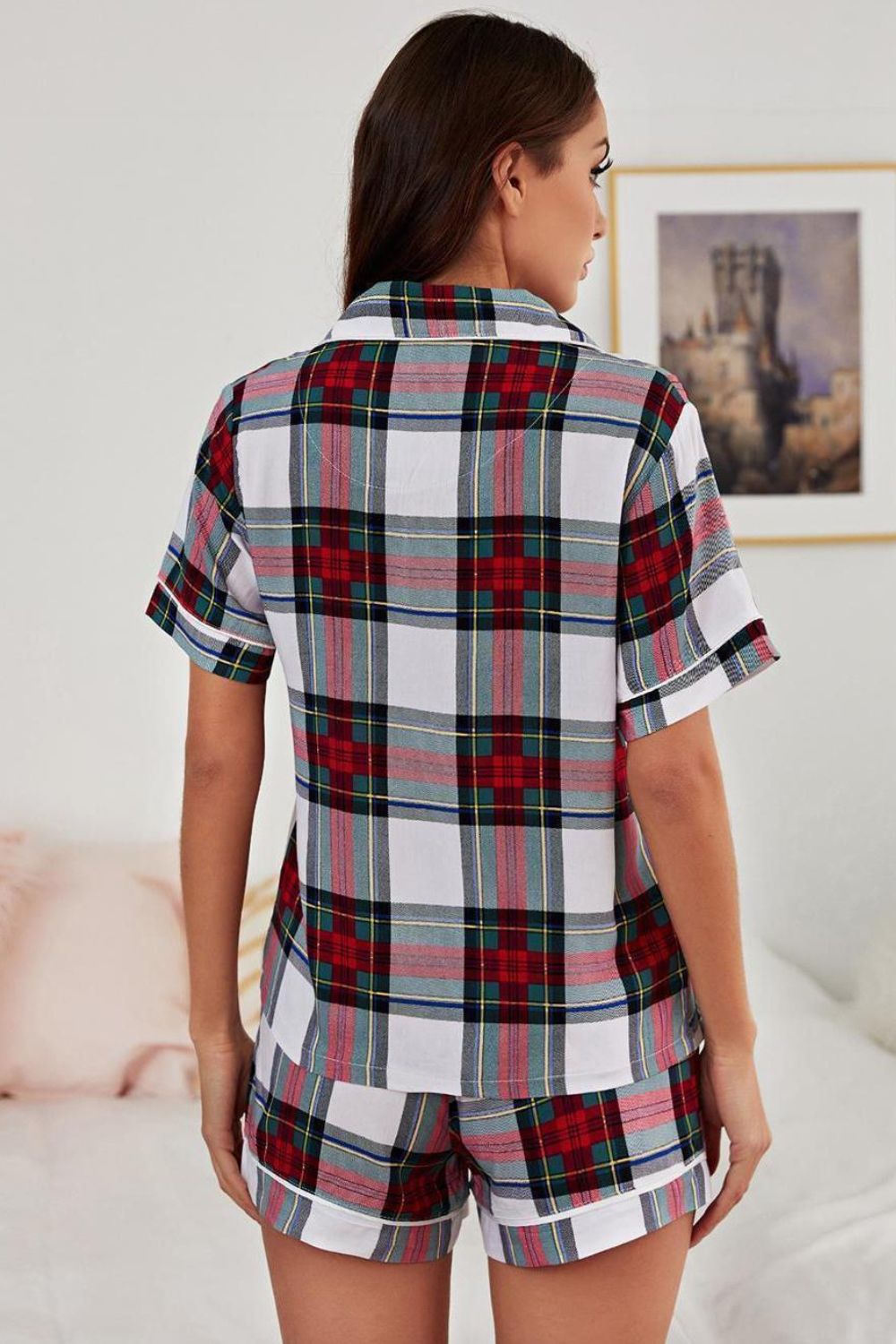 Plaid Short Sleeve Two-Piece Lounge Set