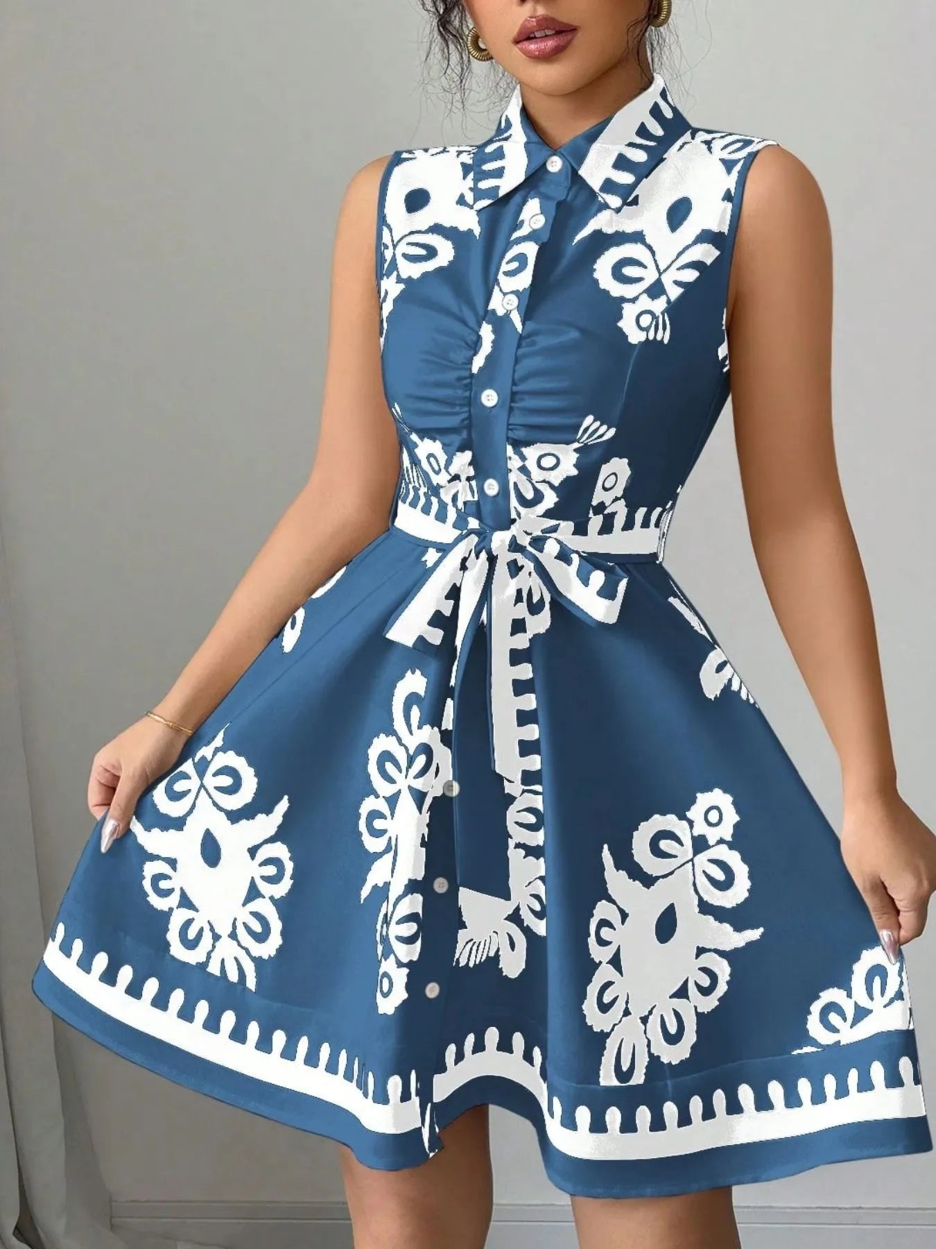 Sleeveless Printed Shirt Dress with Belt