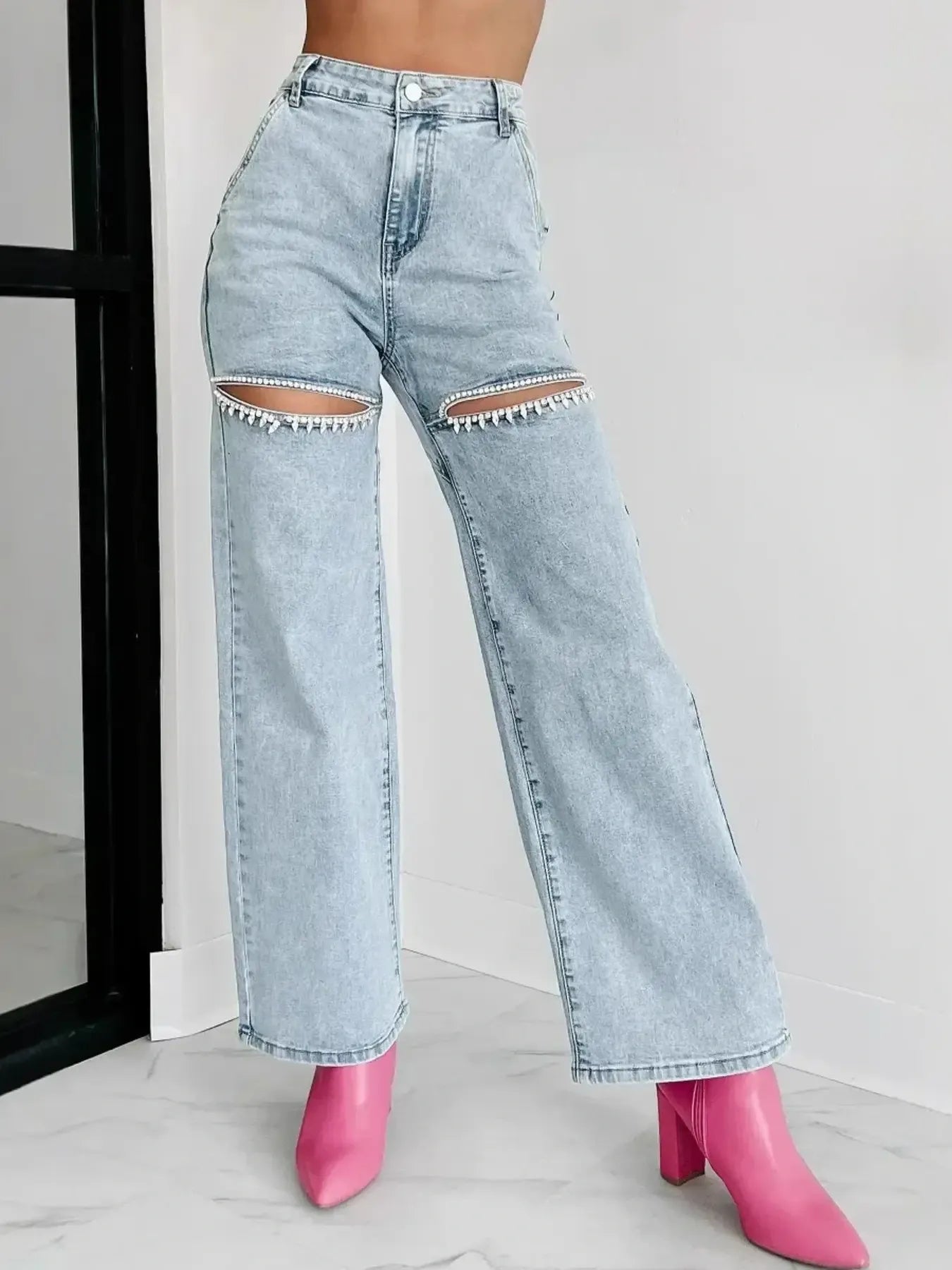 Women's High Waist Cut-Out Wide Leg Jeans