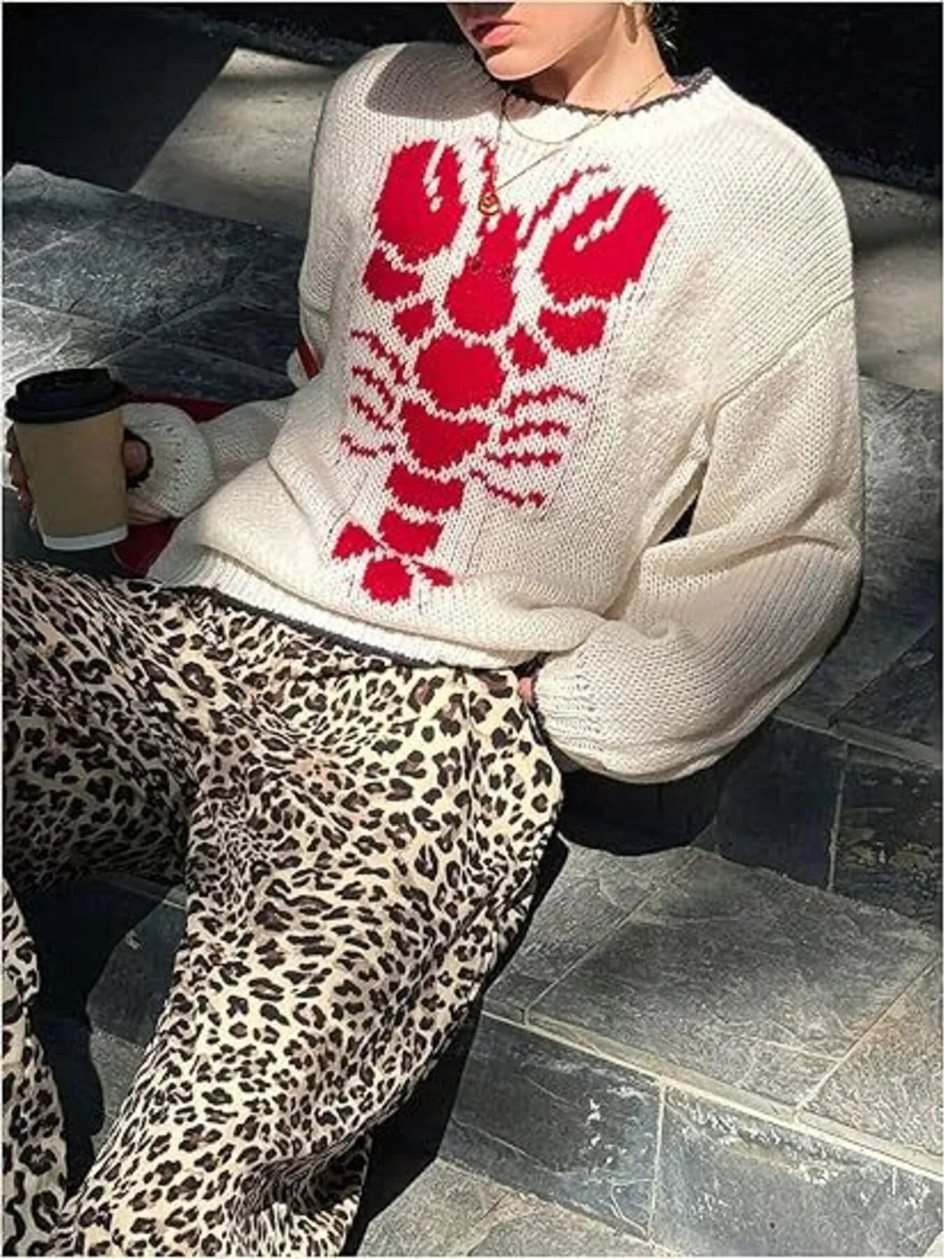 Red Lobster Print Oversized Sweater