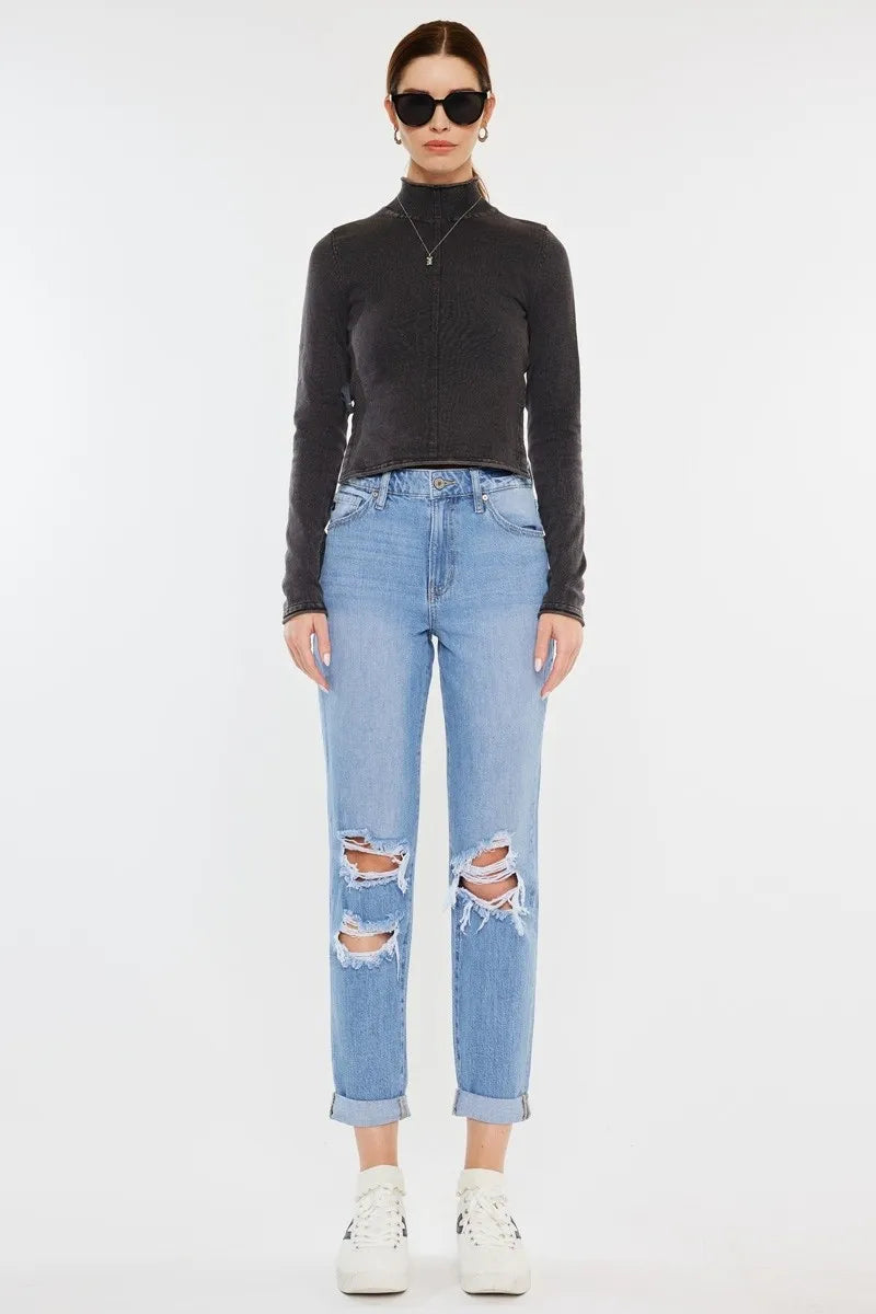 Women's High Rise Distressed Mom Jeans
