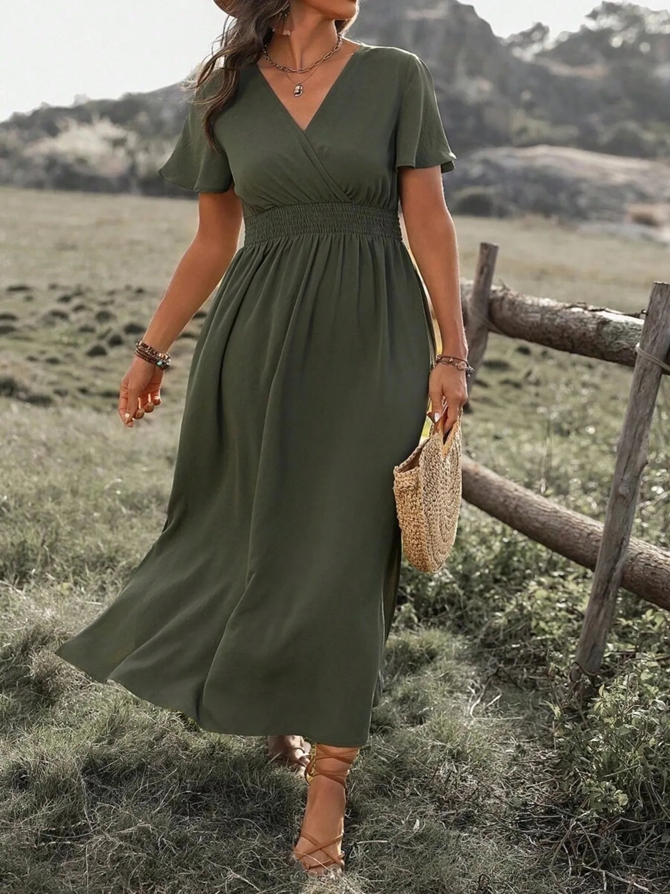 Surplice Short Sleeve Maxi Dress