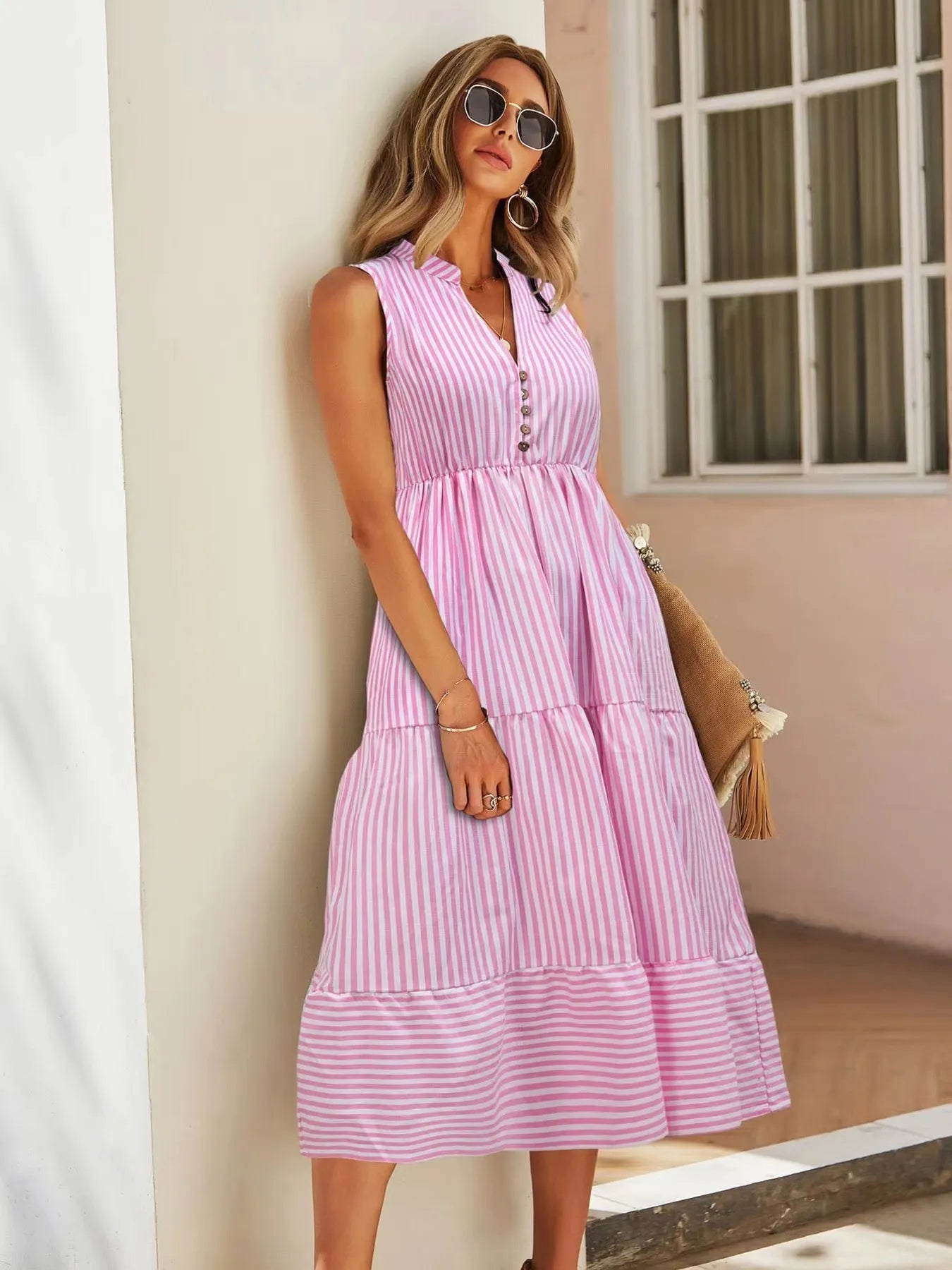 Coastal Striped Sleeveless Midi Dress