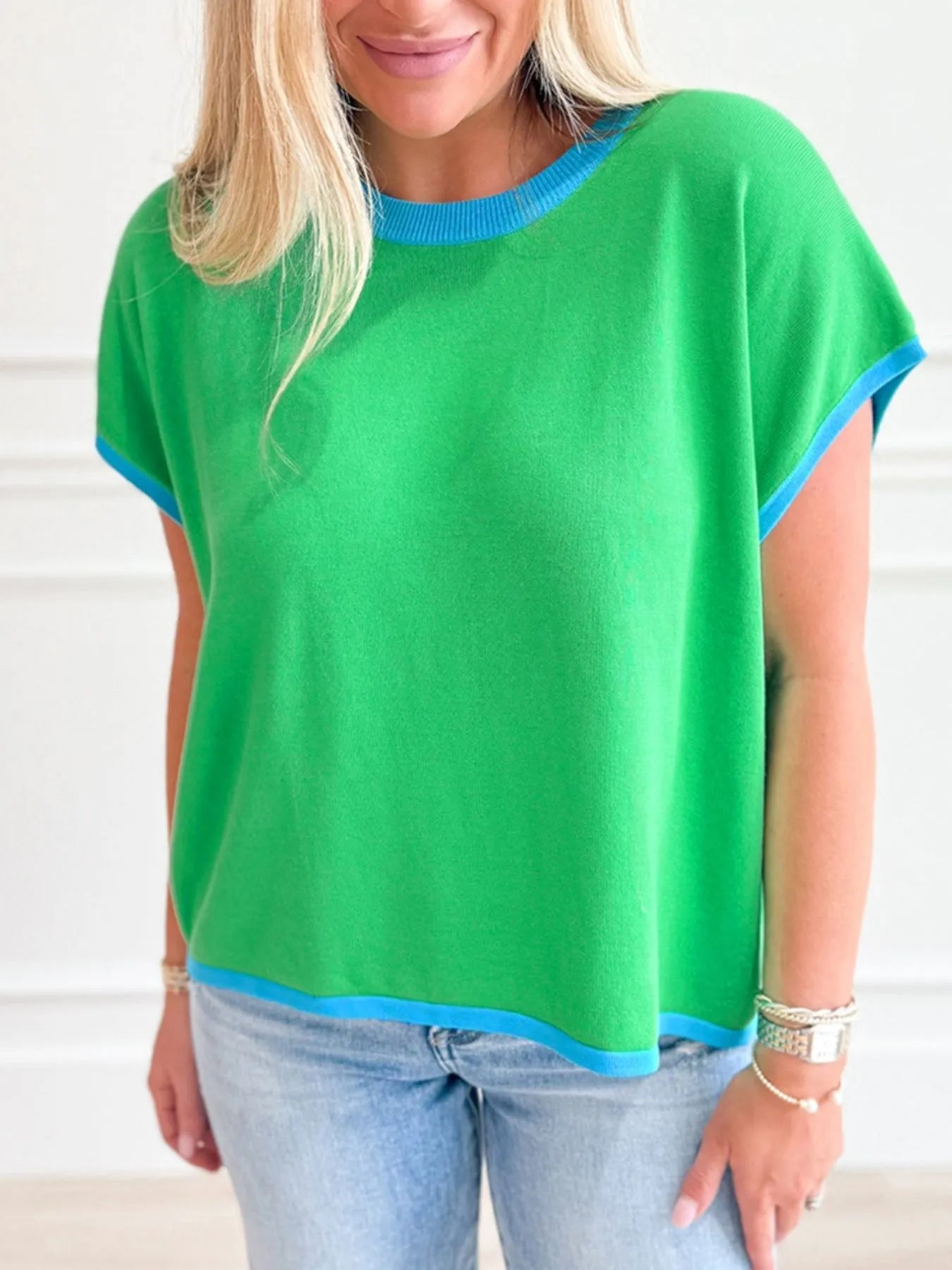 Contrast Trim Short Sleeve Sweater Shirt