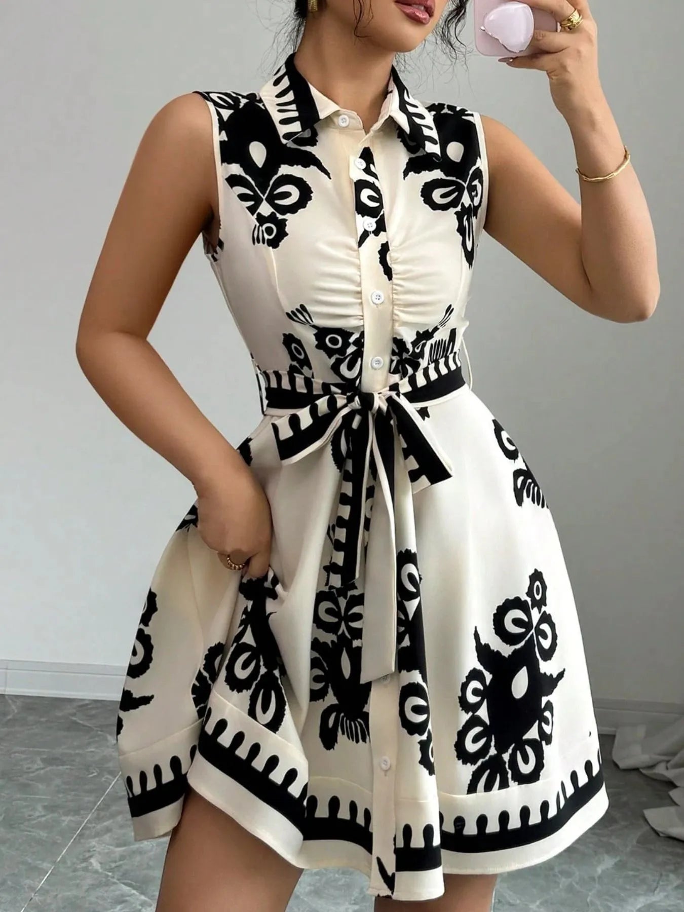 Sleeveless Printed Shirt Dress with Belt