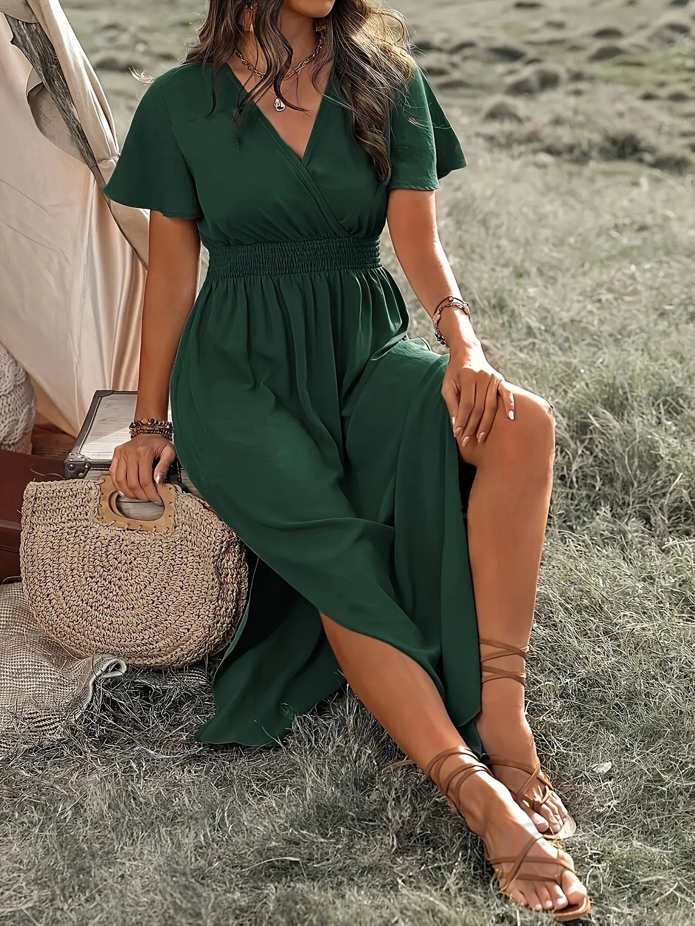 Surplice Short Sleeve Maxi Dress