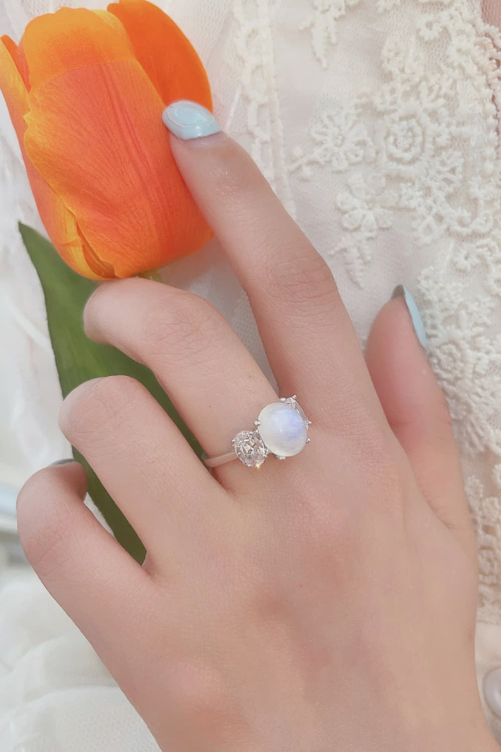 Natural Moonstone Three Stone Ring