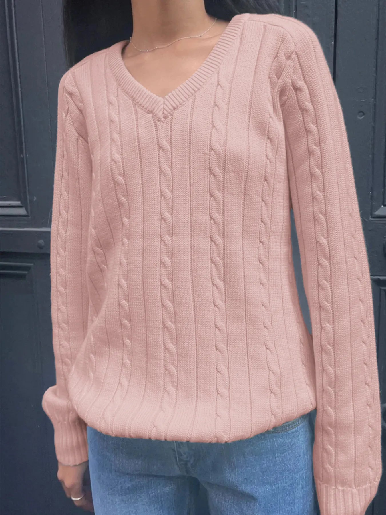 Classic Cable Knit V-Neck Pullover Sweater