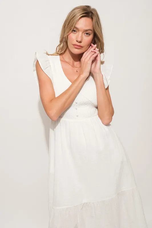 White Ruffle Midi Dress