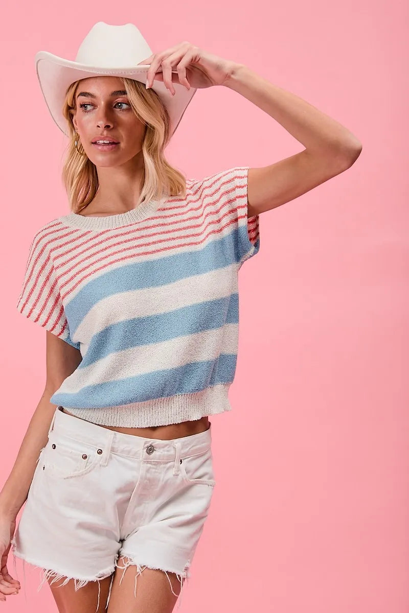 Lightweight Short Sleeve Striped Sweater