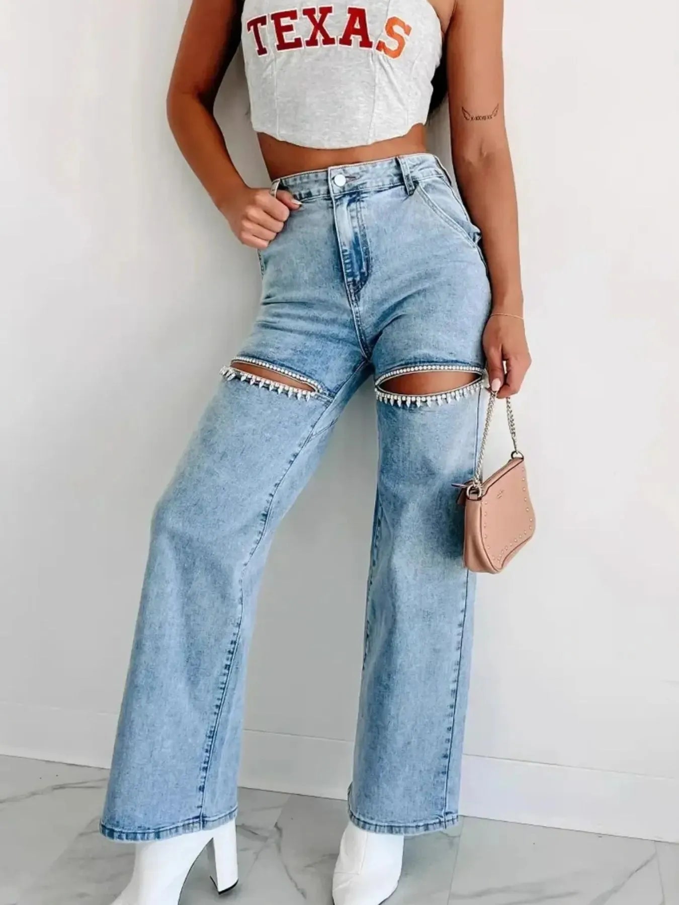 Women's High Waist Cut-Out Wide Leg Jeans