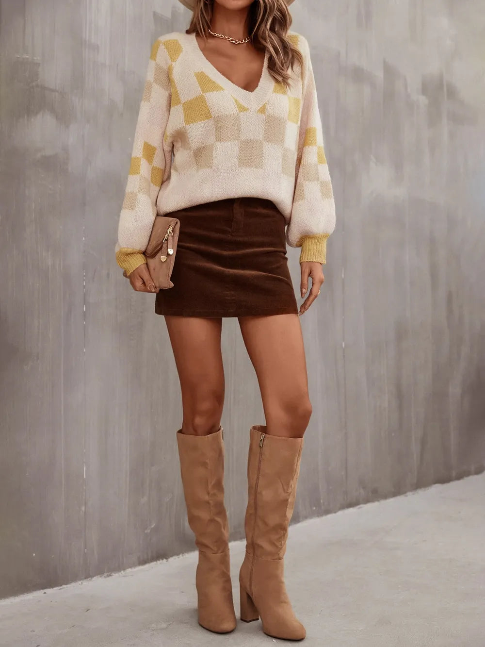 Checkered V-Neck Sweater