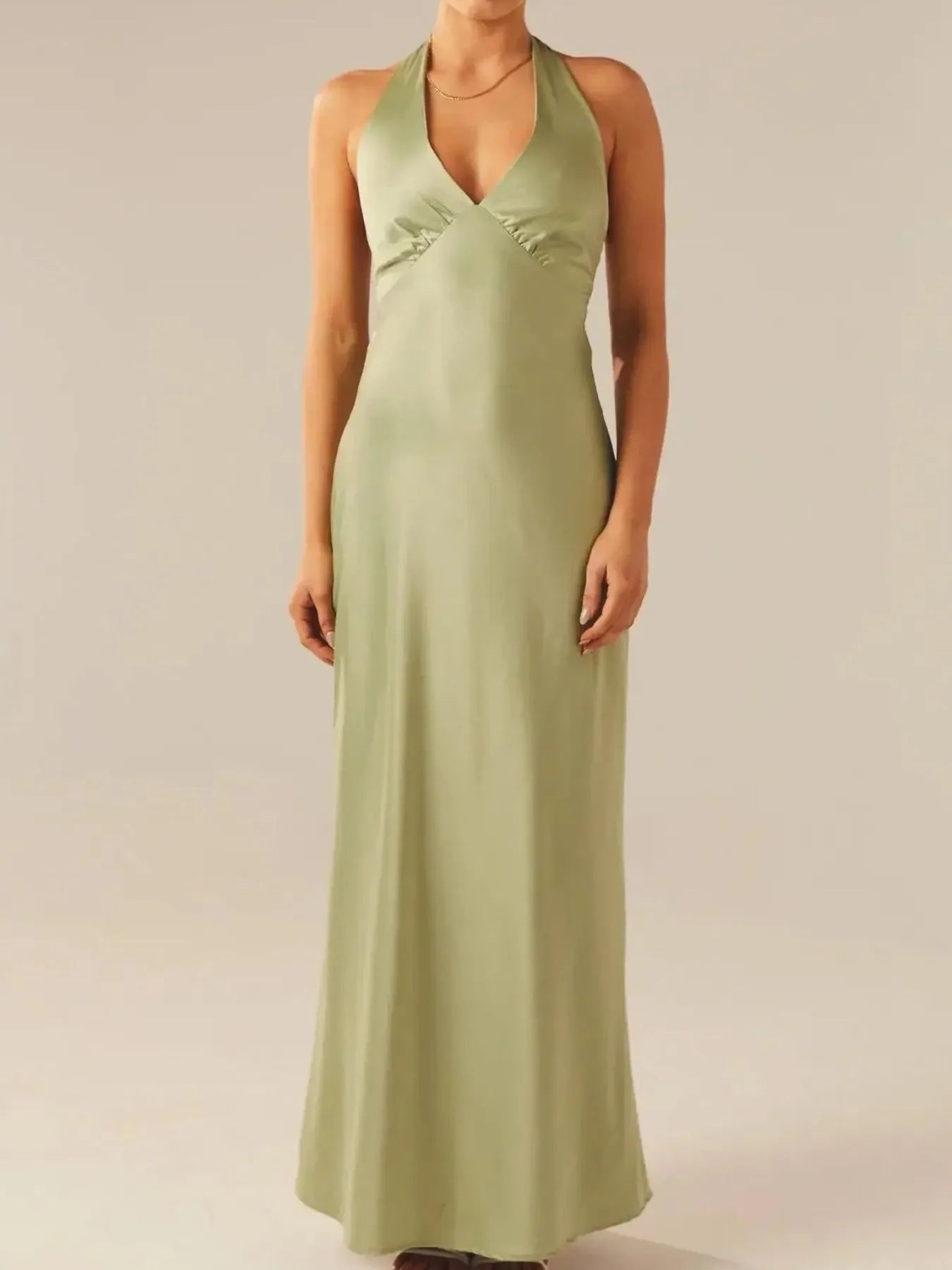 Silky Halter Neck Backless Maxi Dress with Tie Detail