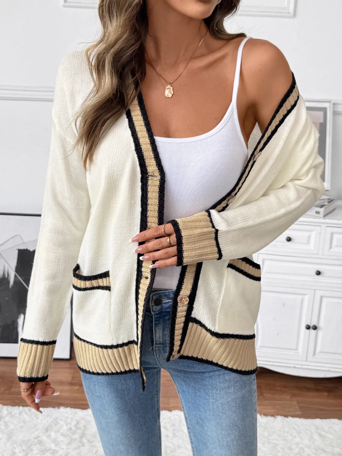 Contrast Trim Boyfriend Cardigan