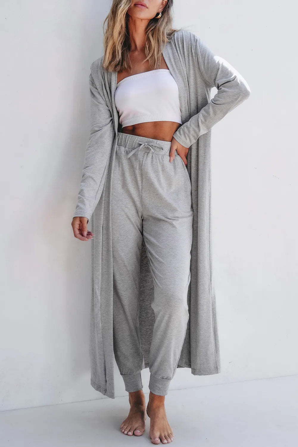 Open Front Cardigan and Pants Lounge Set
