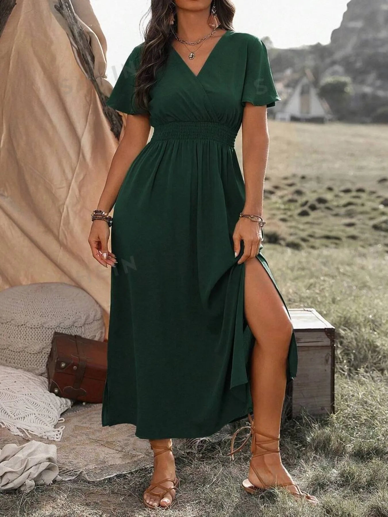 Surplice Short Sleeve Maxi Dress