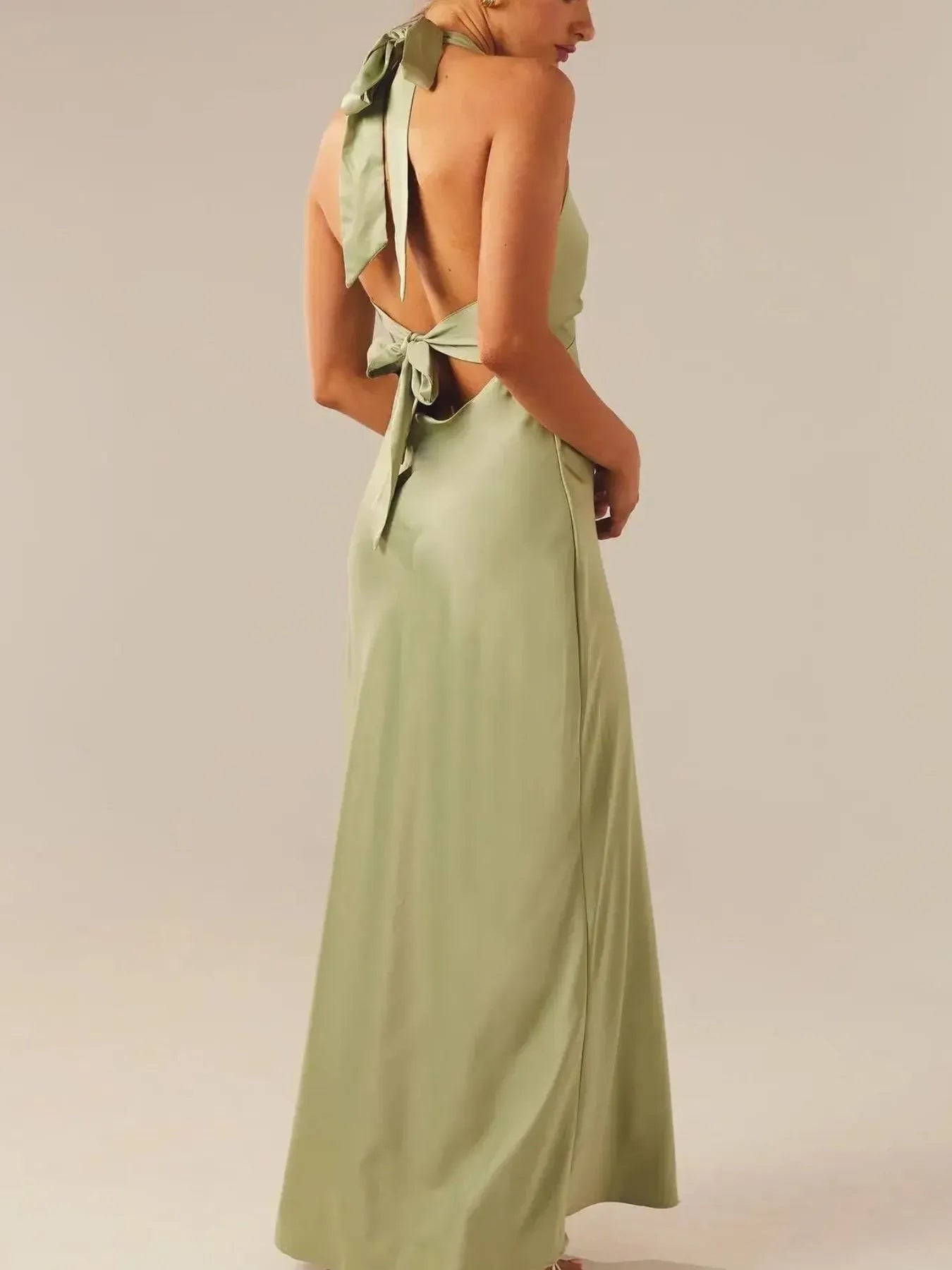 Silky Halter Neck Backless Maxi Dress with Tie Detail