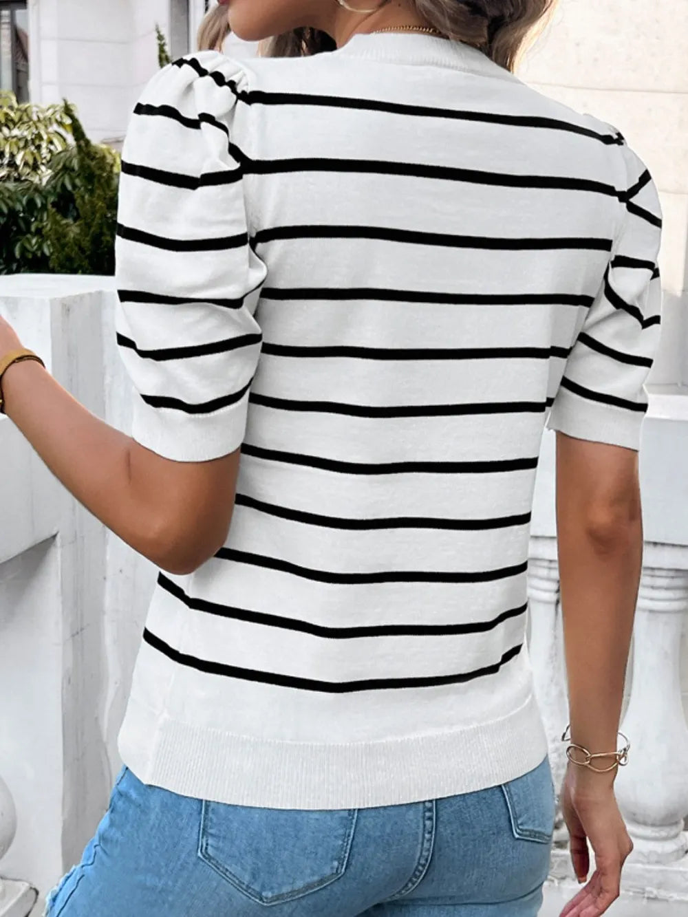 Striped Puff Sleeve Knit Top