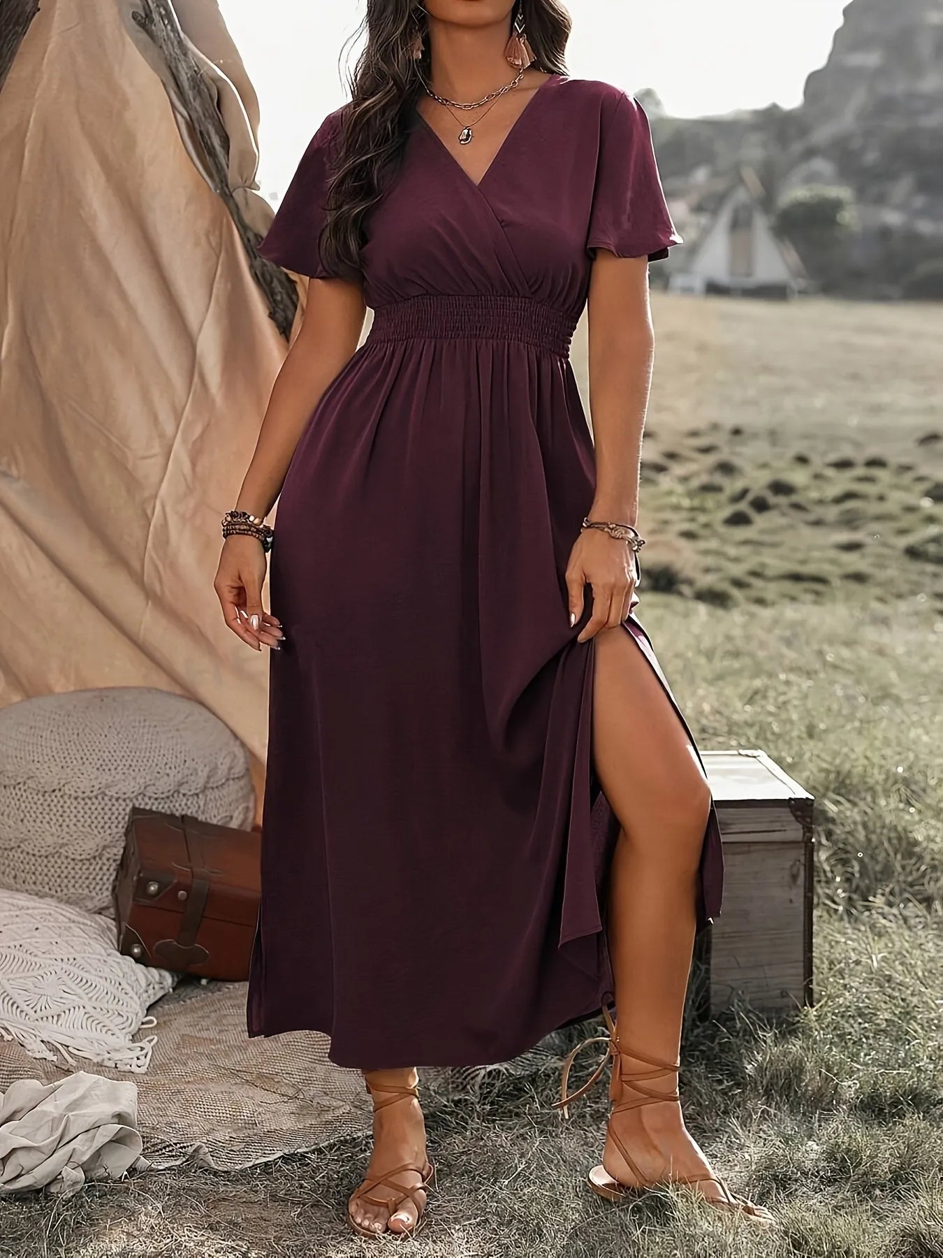 Surplice Short Sleeve Maxi Dress
