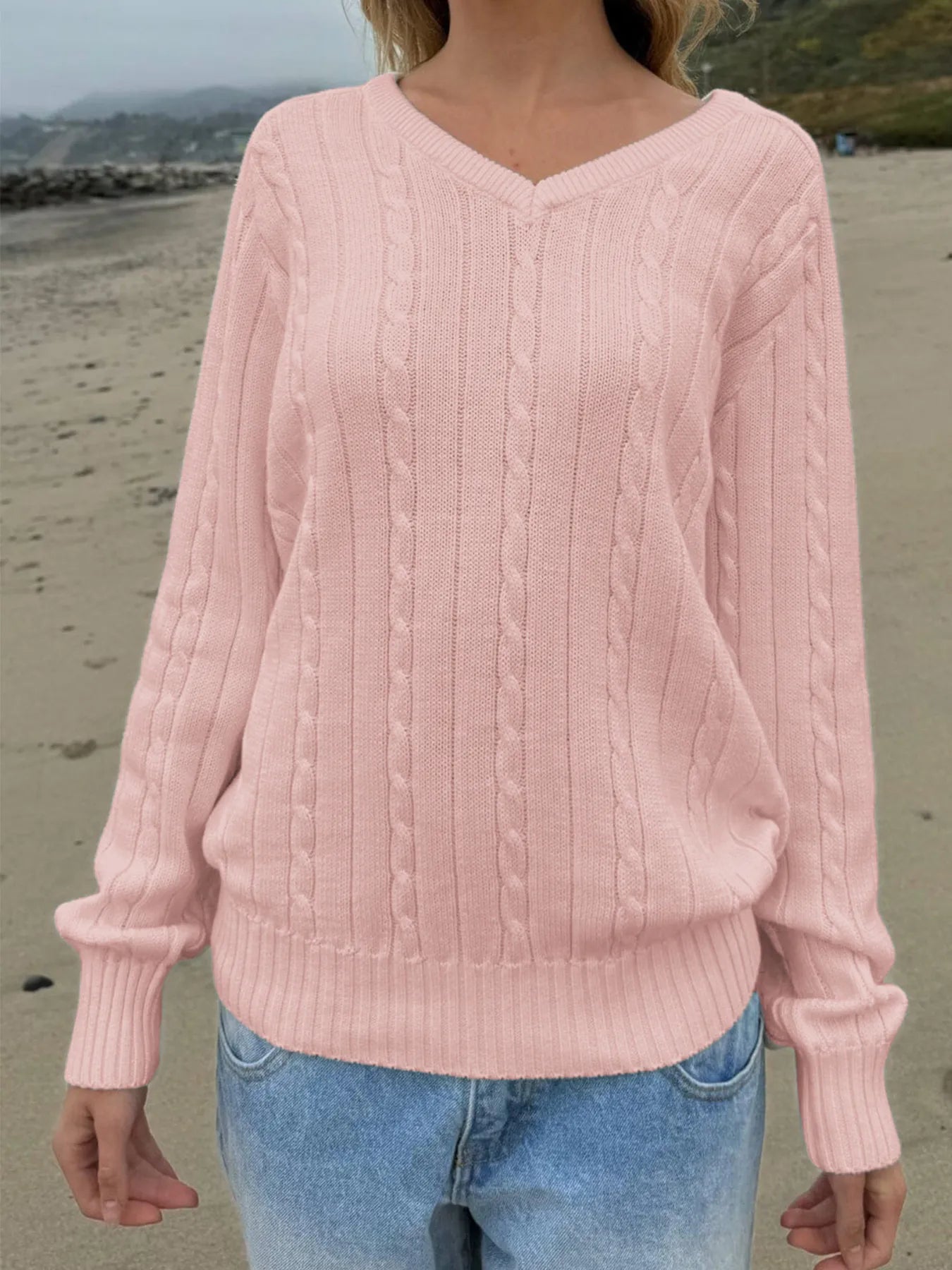 Classic Cable Knit V-Neck Pullover Sweater