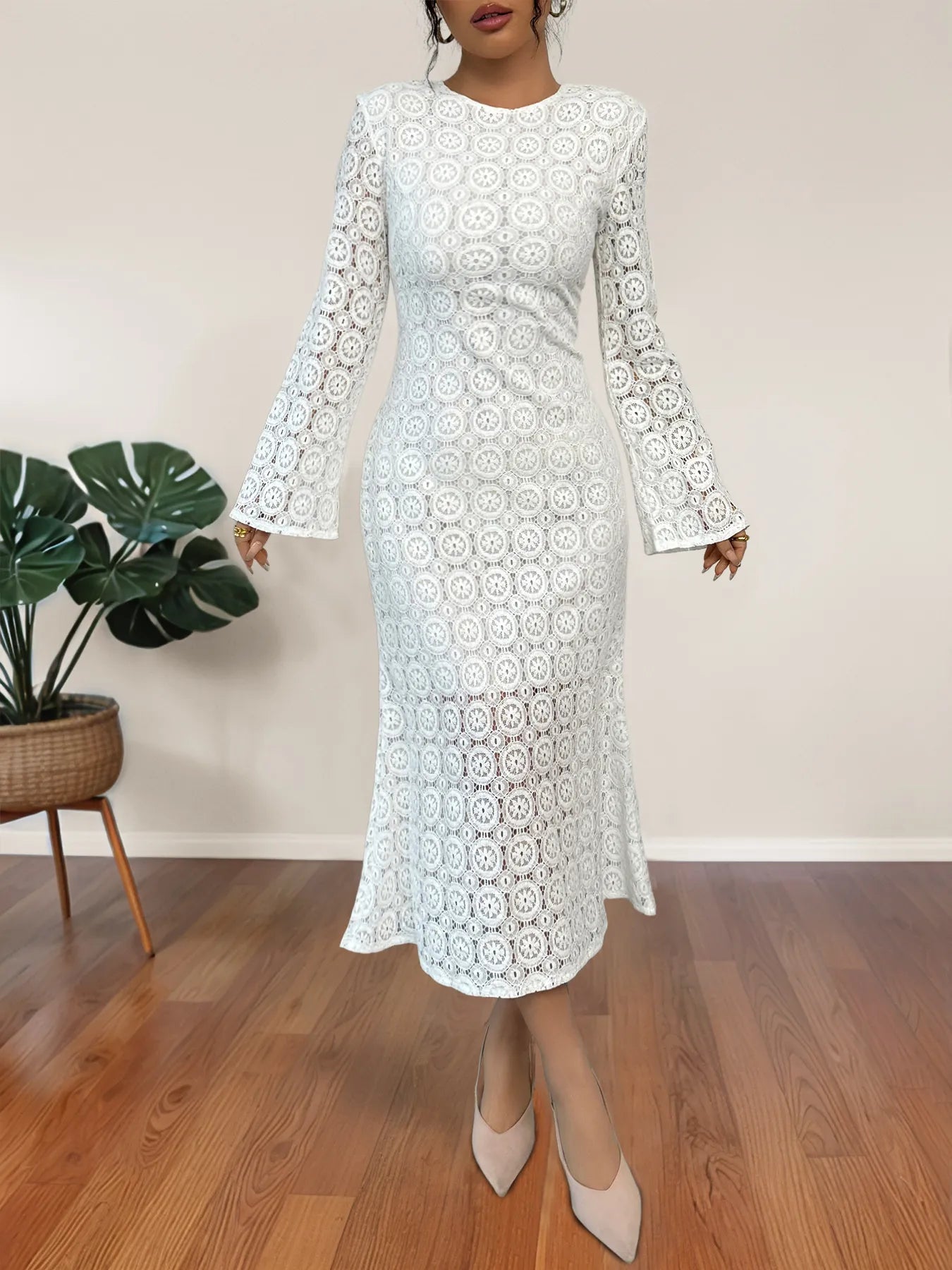 Lace Long Sleeve Midi Dress