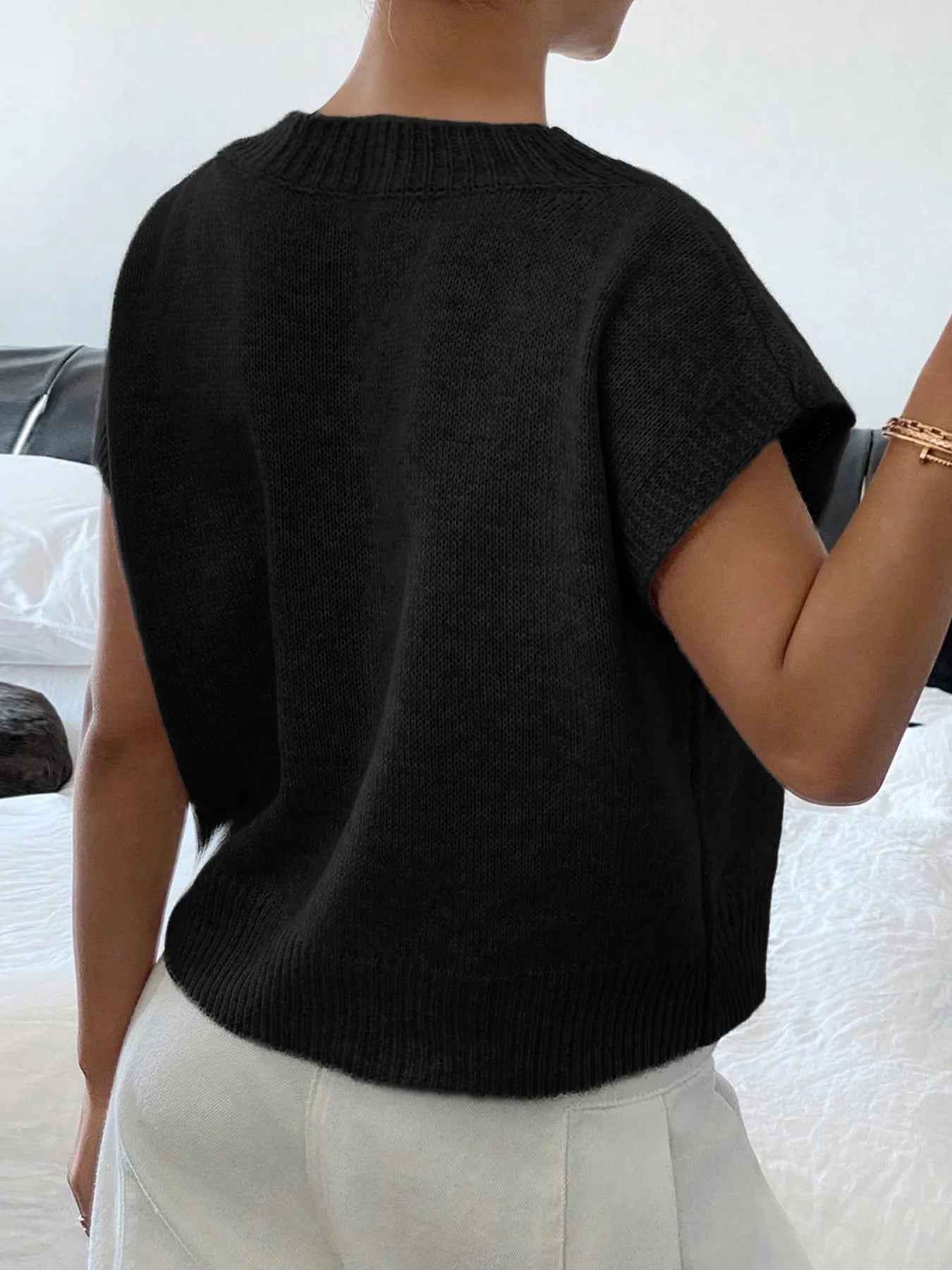 Flower Cable Knit Short Sleeve Sweater