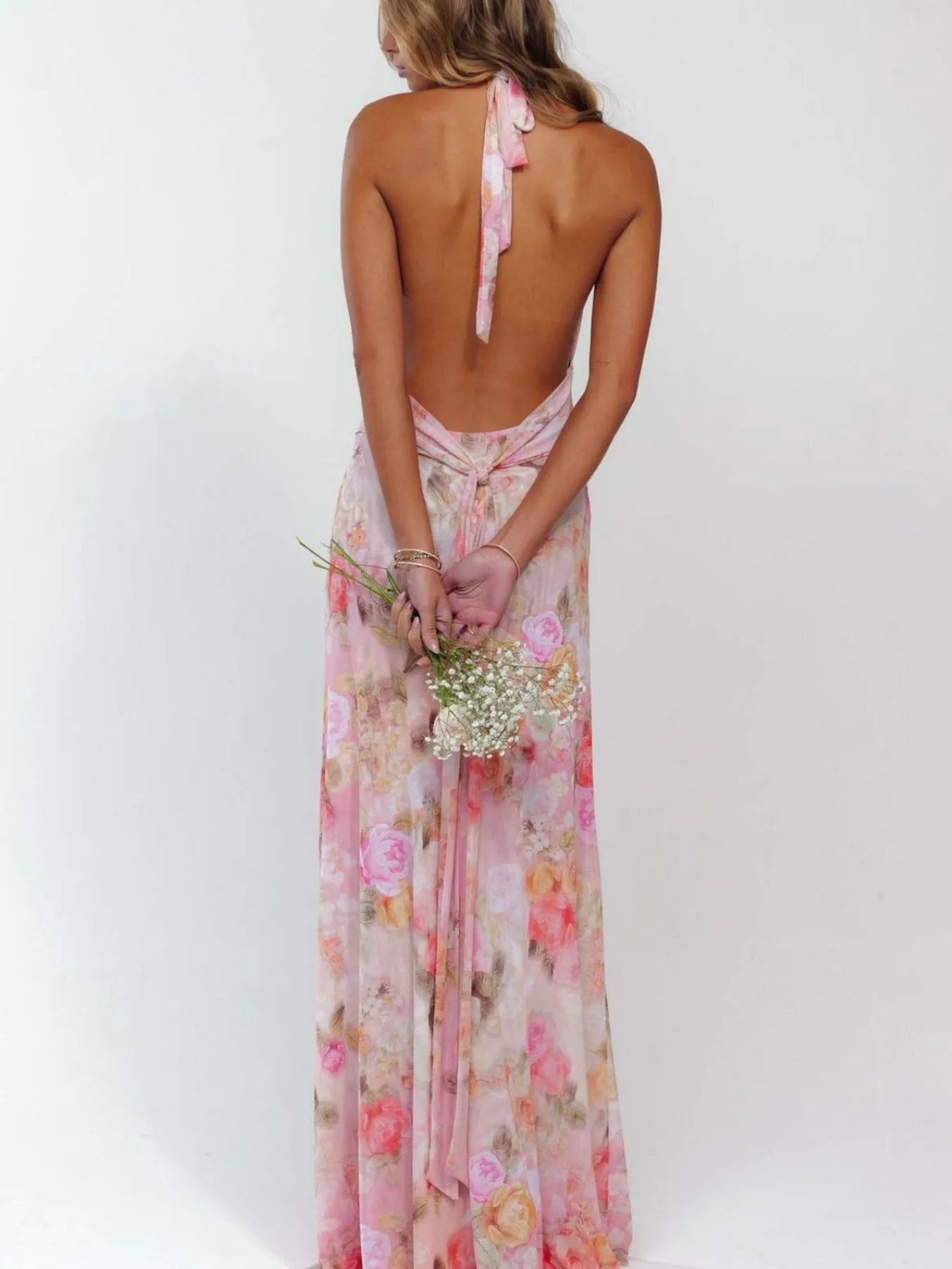 Floral Halter Neck Deep V Backless Dress