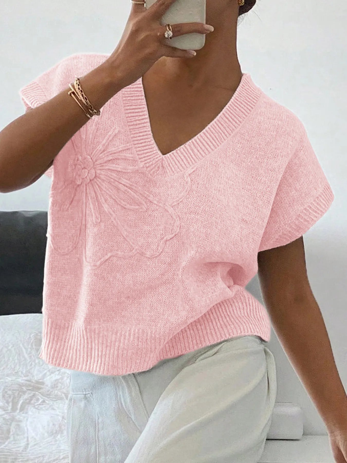 Flower Cable Knit Short Sleeve Sweater