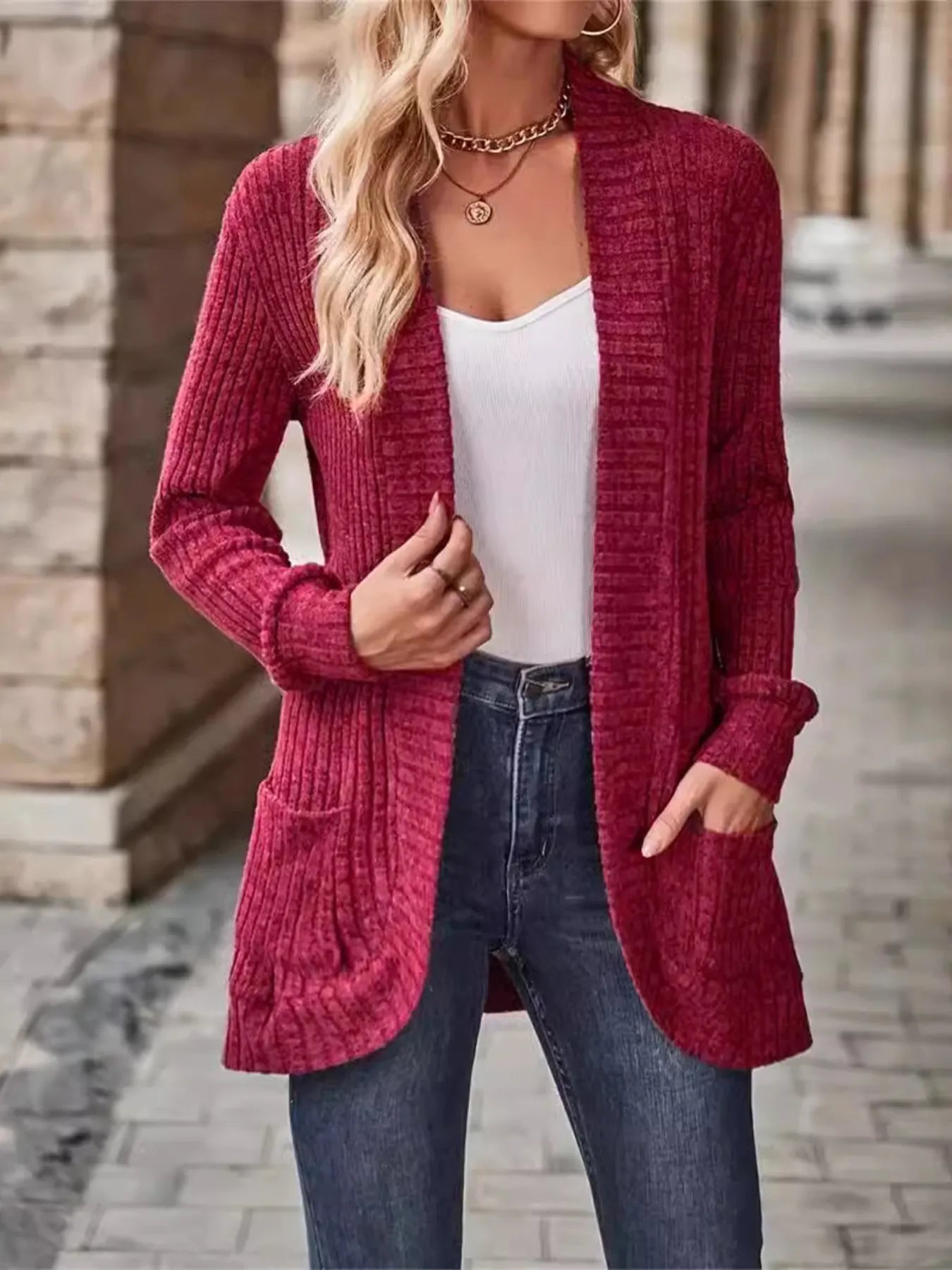 Ribbed Open Front Long Cardigan with Pockets