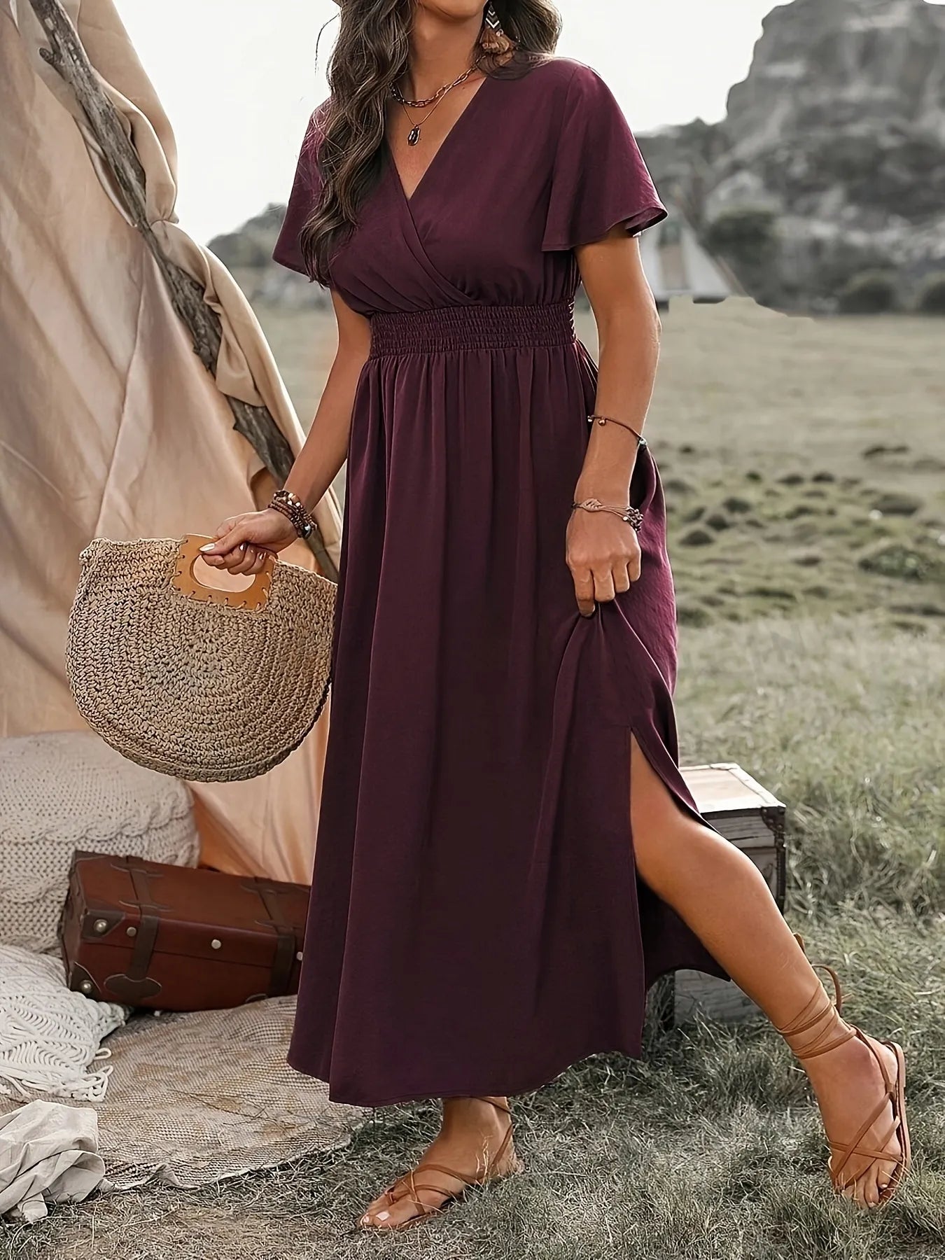 Surplice Short Sleeve Maxi Dress