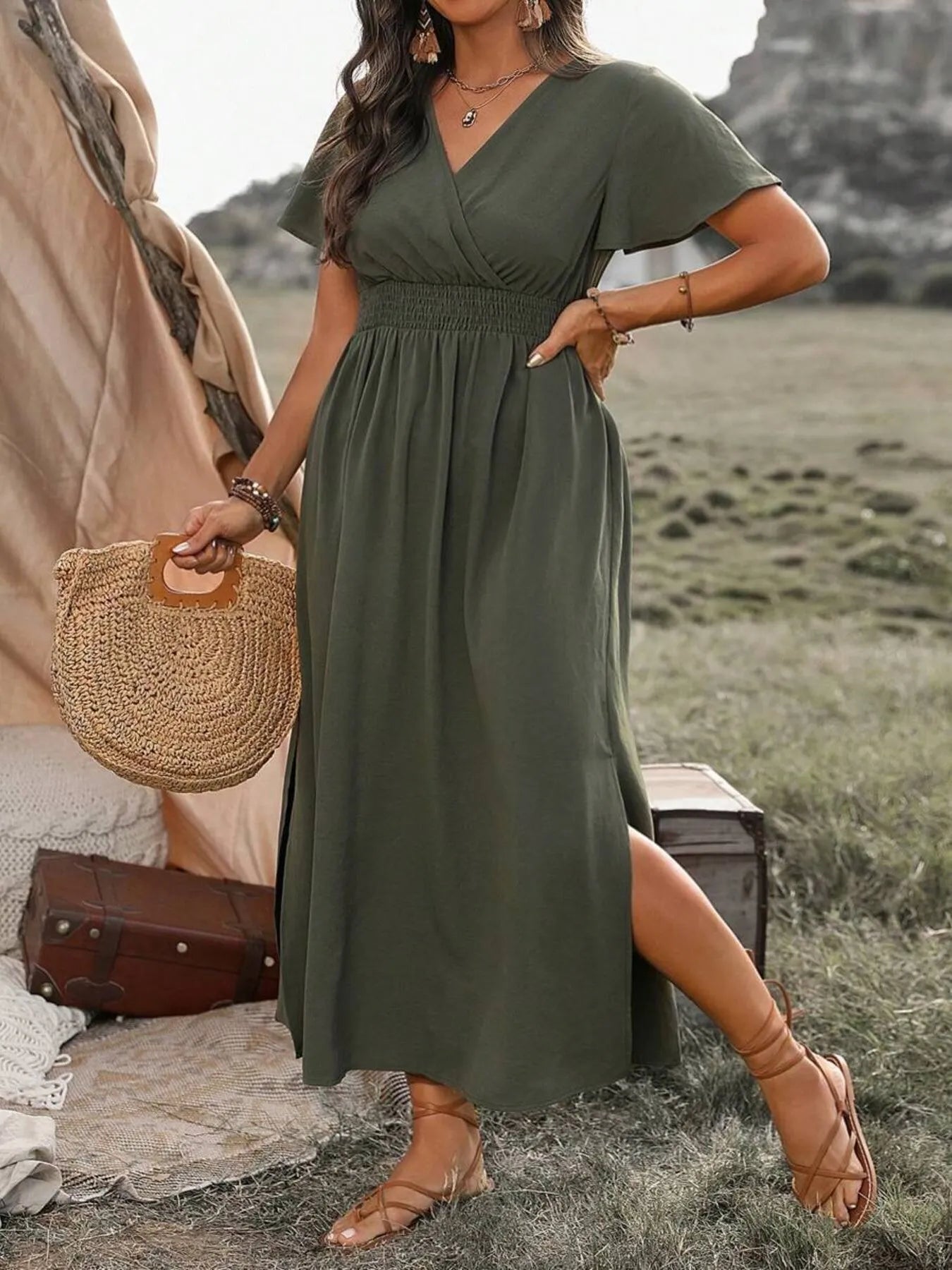 Surplice Short Sleeve Maxi Dress