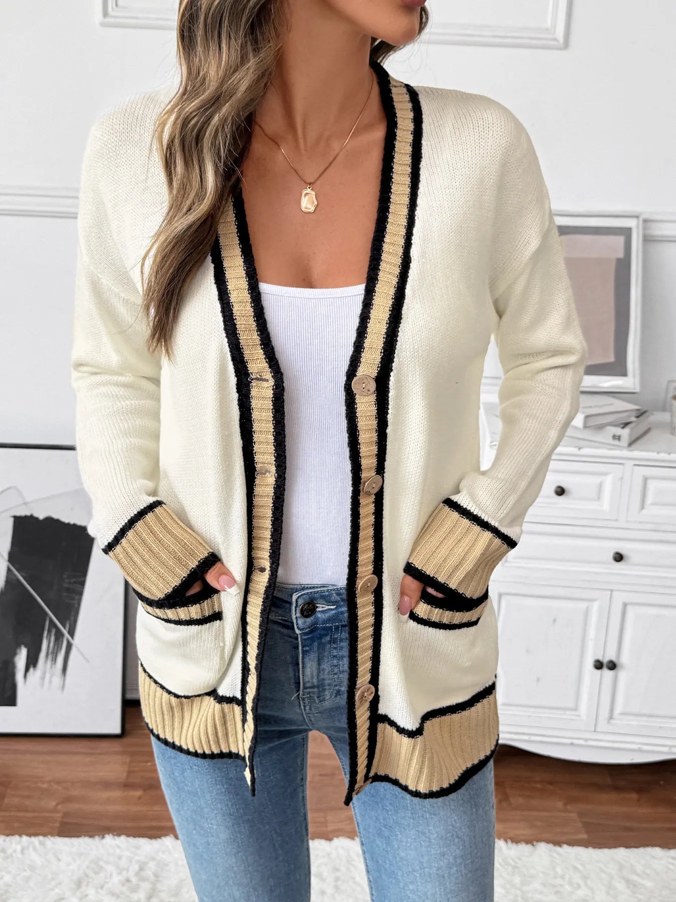 Contrast Trim Boyfriend Cardigan