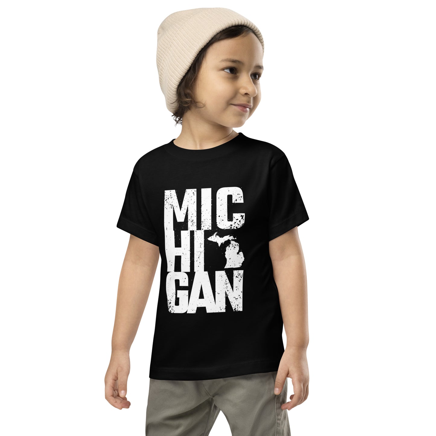 Boldly Michigan toddler short sleeve tee in black with bold white Michigan graphic, perfect unisex top for active boys and girls.