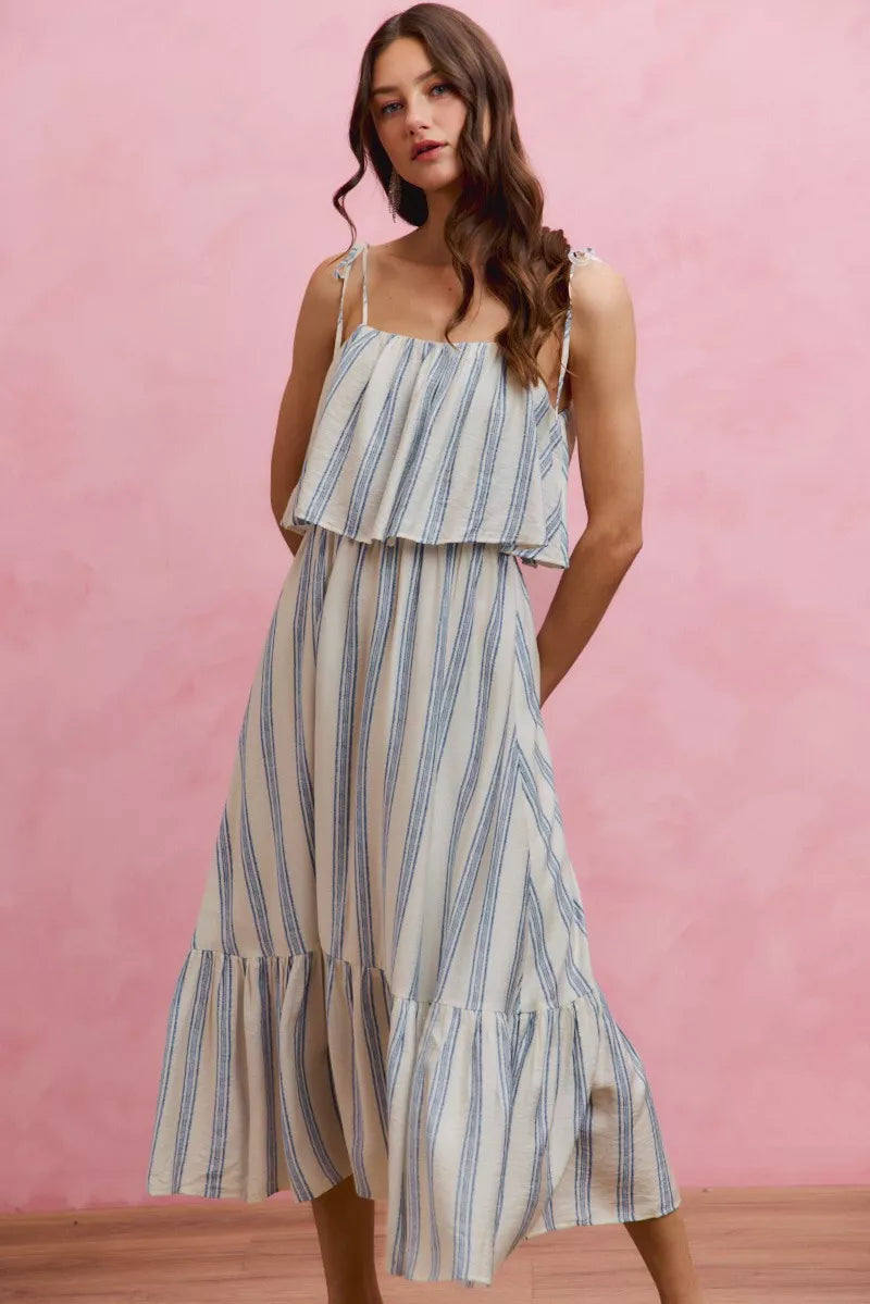Stripe Shoulder Tie Midi Dress
