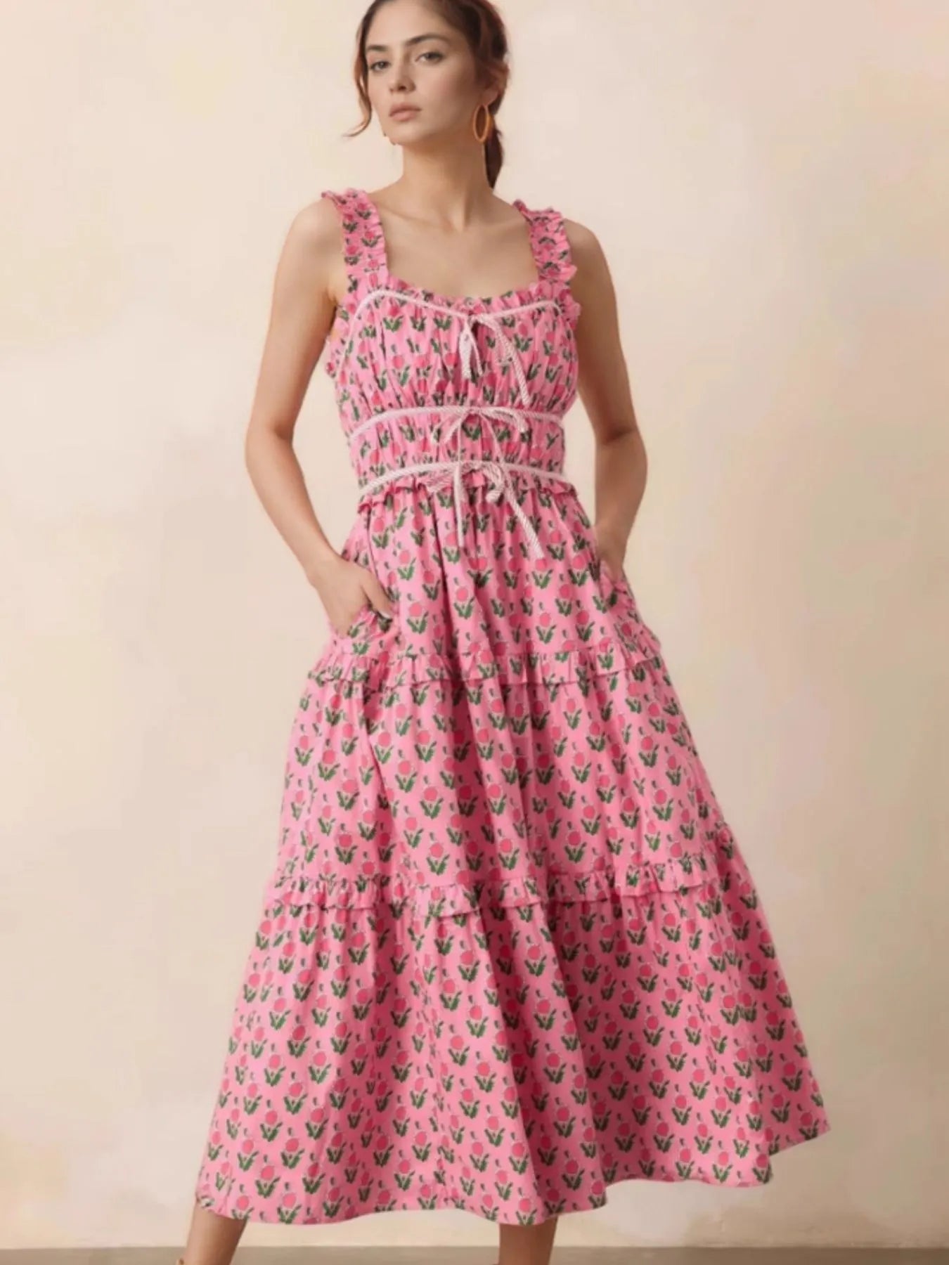 Southern Belle Pink Floral Midi Dress with Pockets
