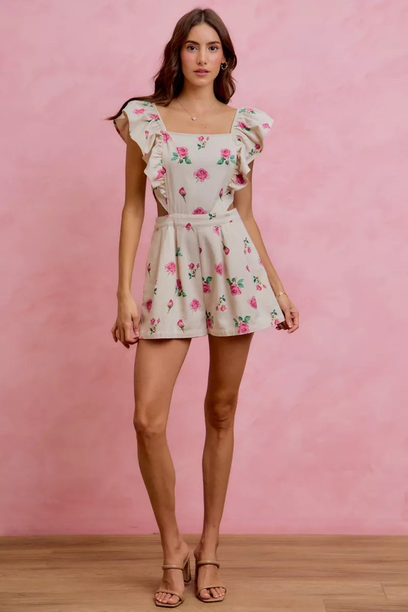Floral Print Denim Ruffled Romper
