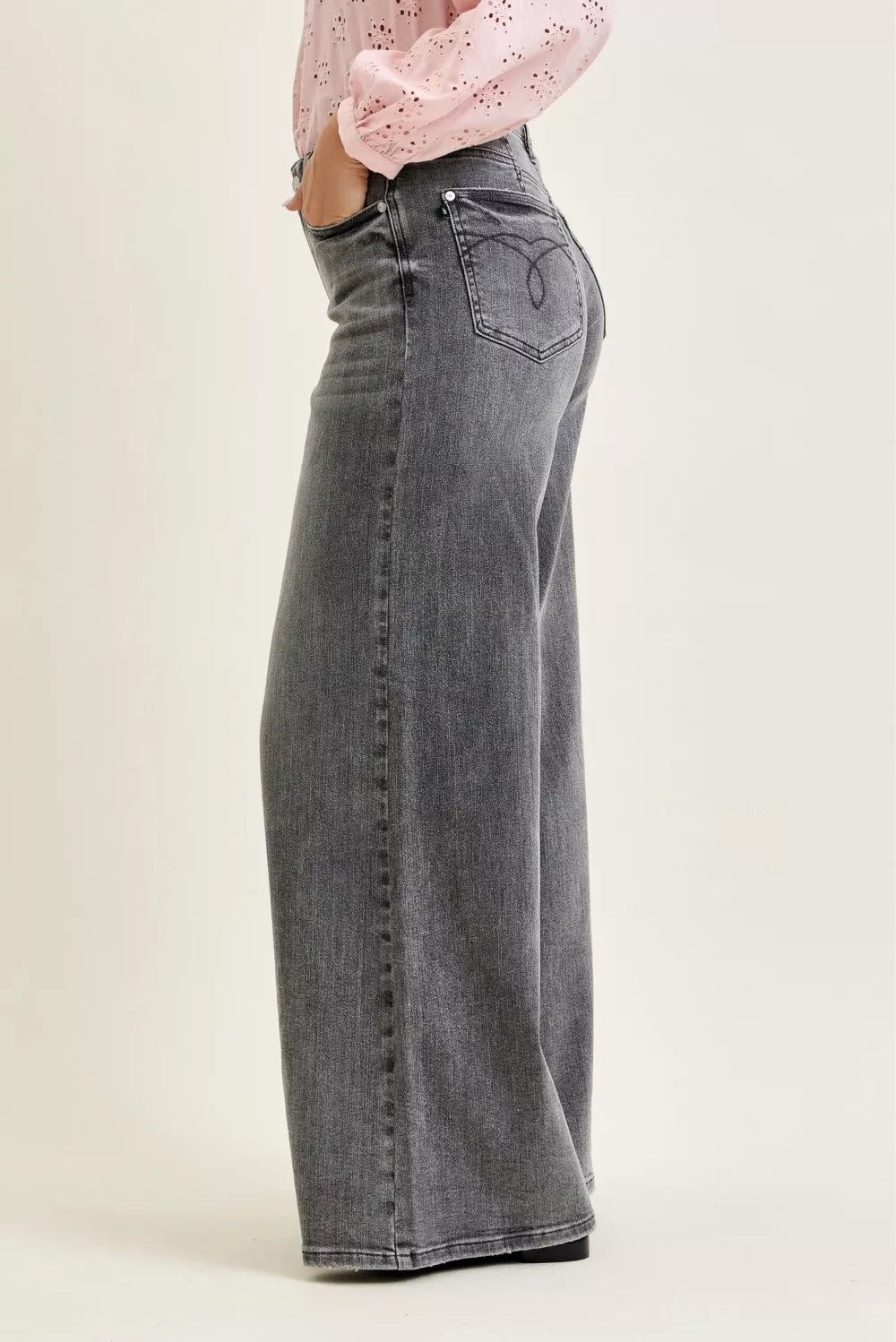 Mid Rise Grey Palazzo Denim Pant