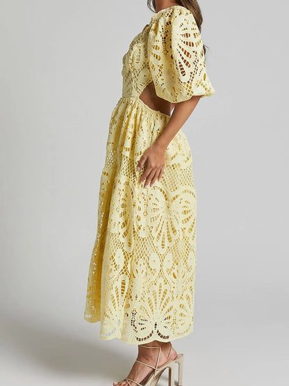 Cutout Back Lace Crochet V-Neck Dress - Side View