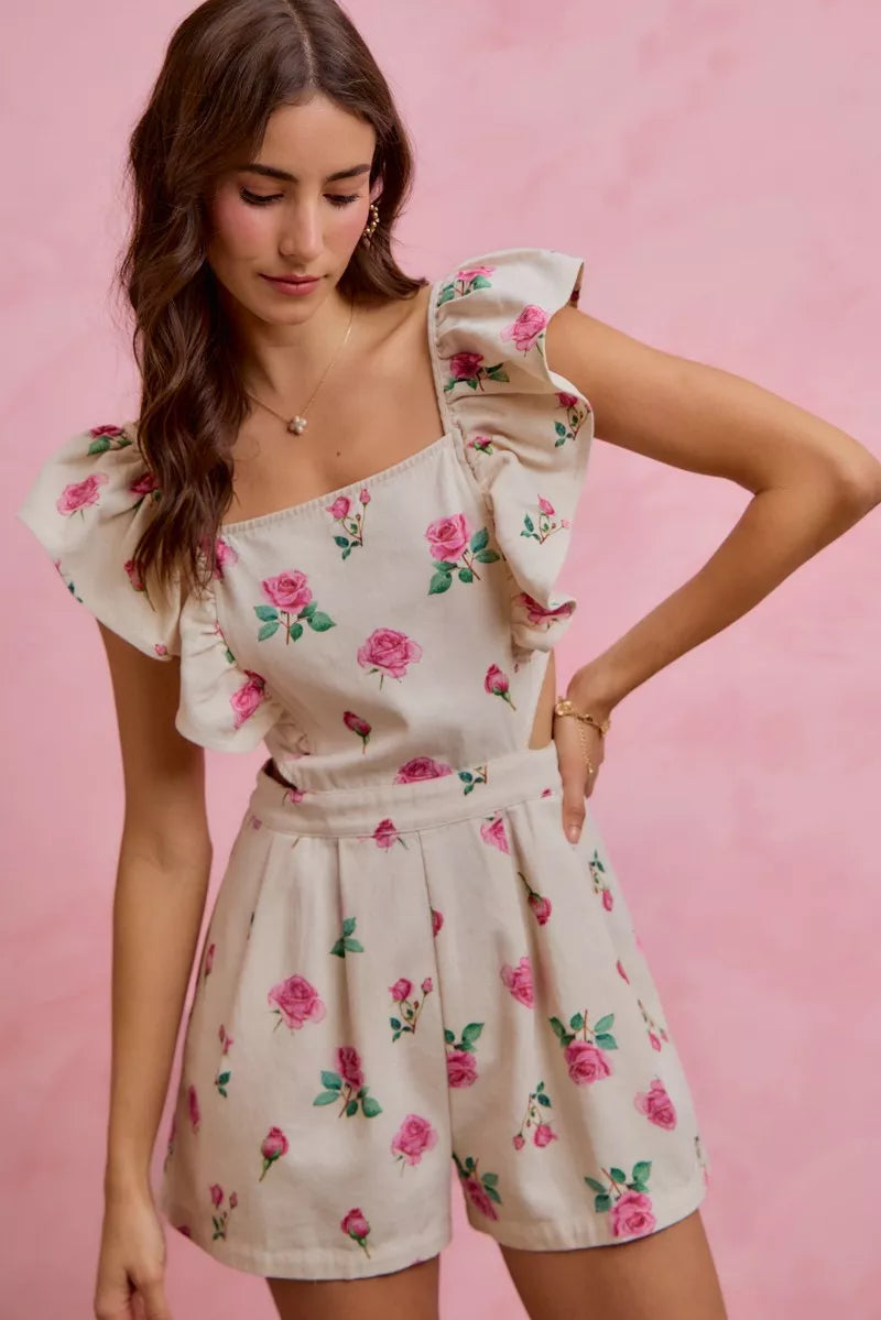 Floral Print Denim Ruffled Romper
